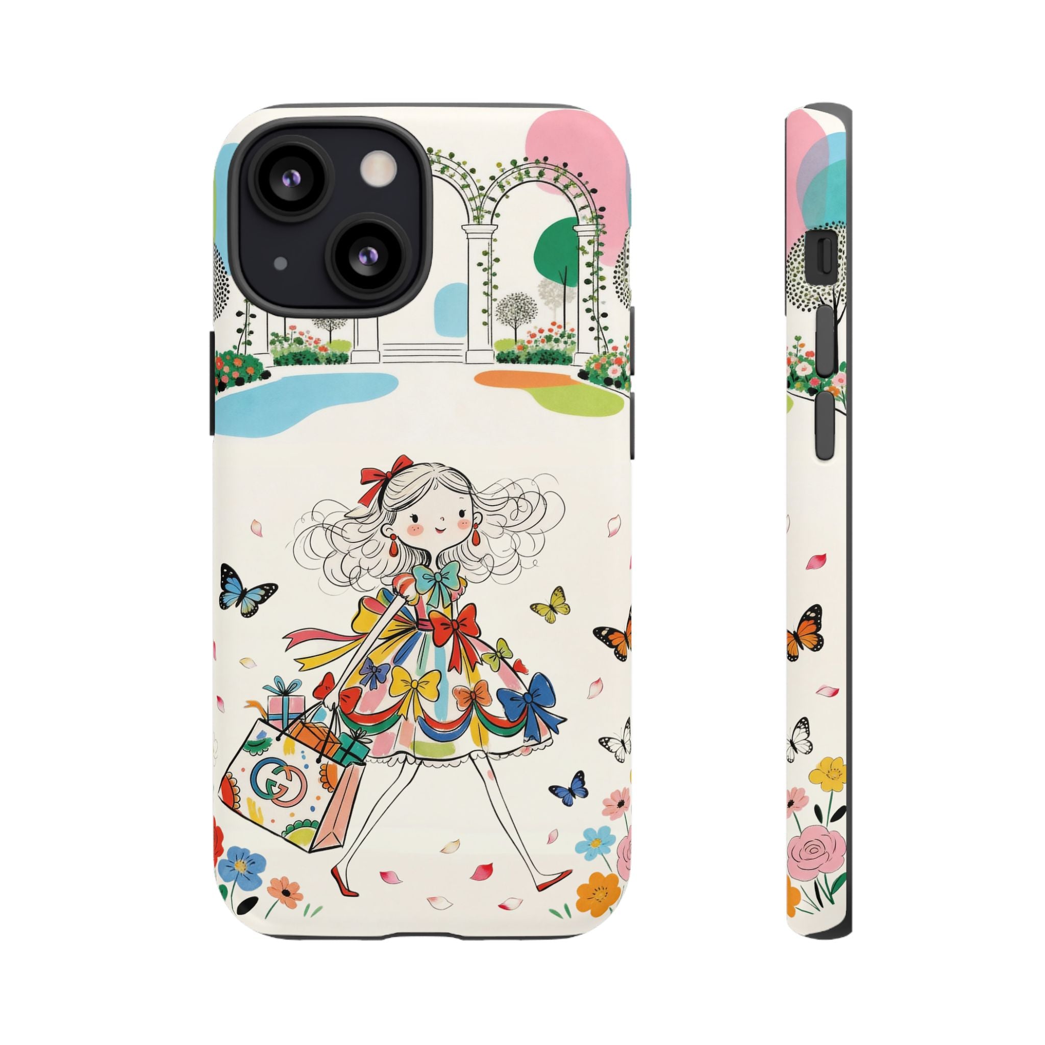 Whimsical Shopping Girl iPhone Case | Cute Floral Butterfly Tough Case