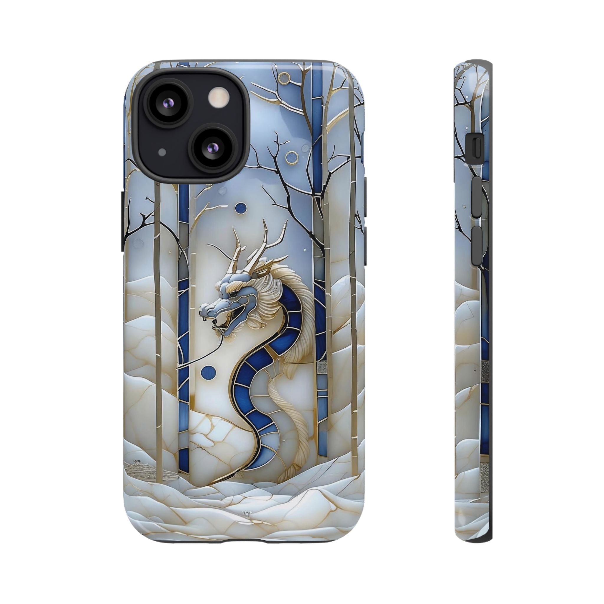 Dragon Stained Glass iPhone Case — Blue Winter Forest Protective Cover