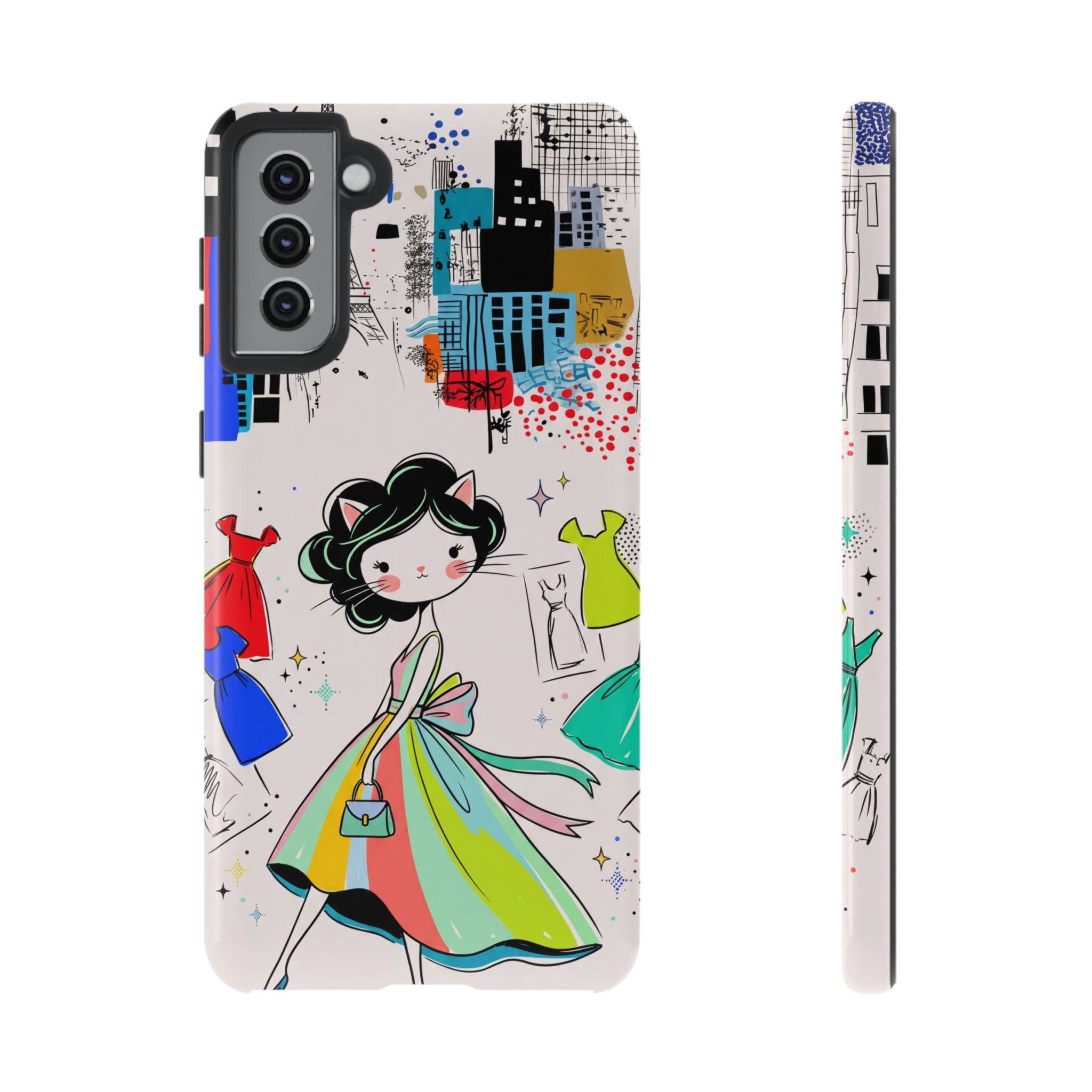 Retro Fashion Cat Girl Samsung Galaxy Phone Case | Cute Dress & City Print