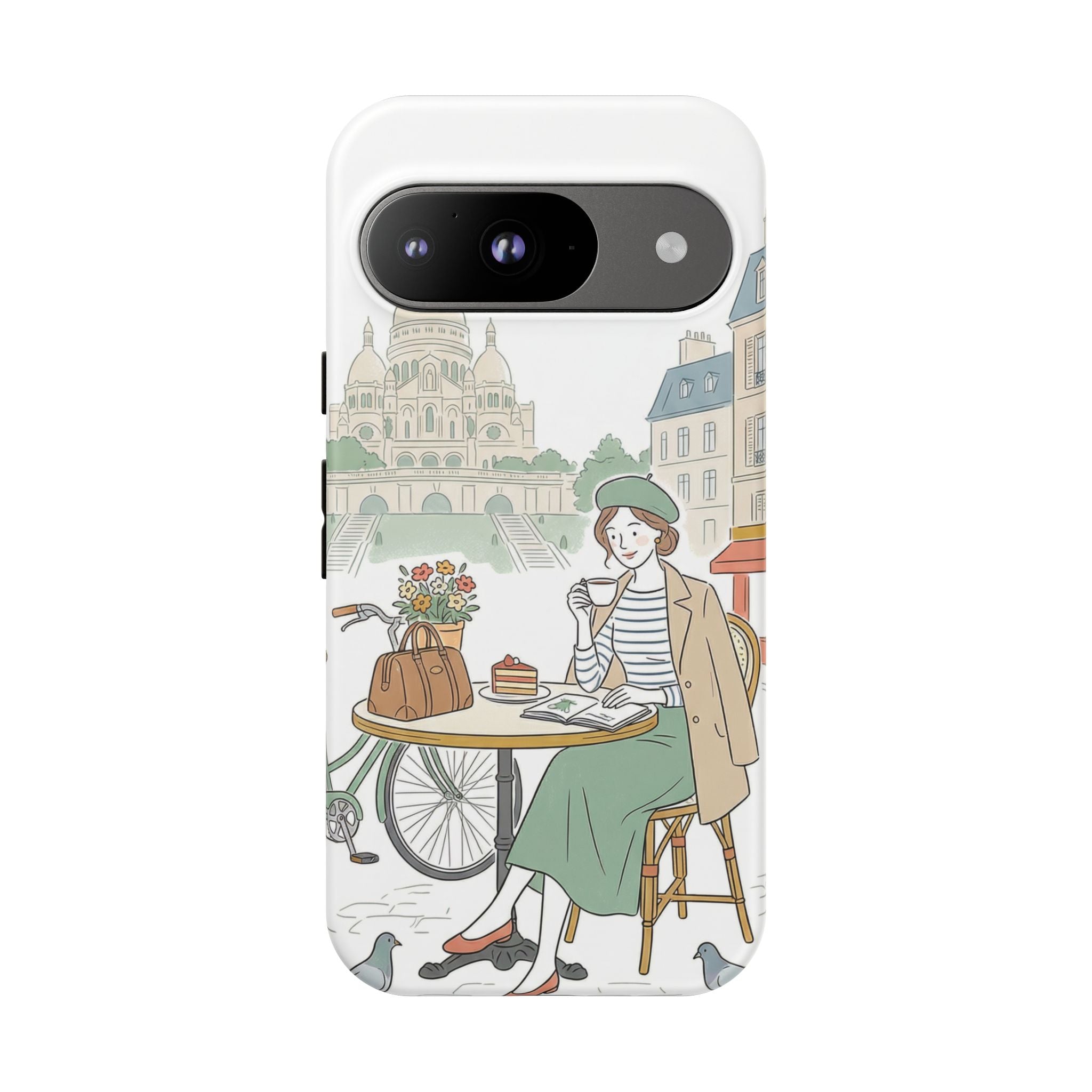 Paris Cafe Illustration Google Pixel Phone Case | Vintage Bicycles & Pigeons Protective Cover