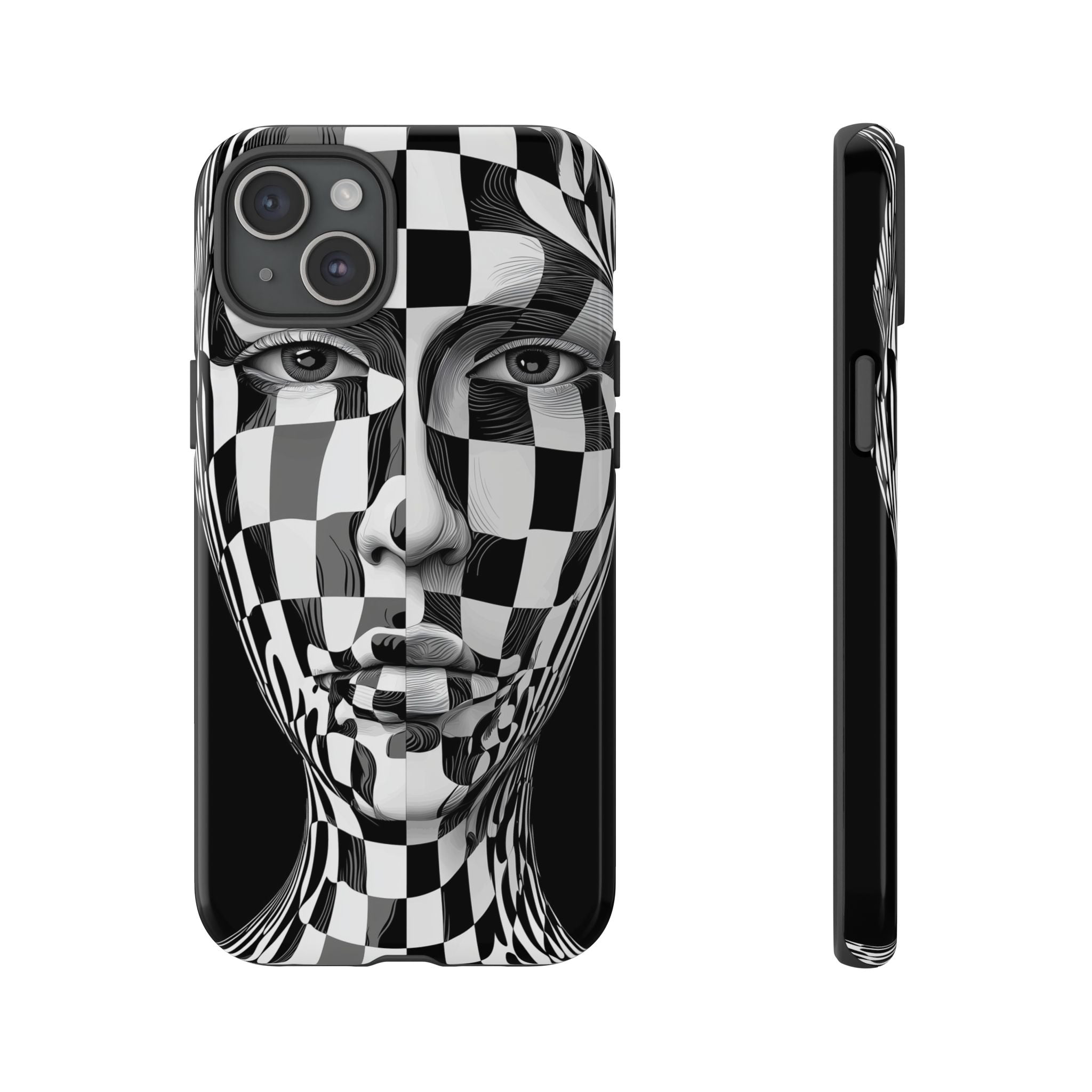 Checkerboard Face Tough iPhone Case — Black & White Surreal Art Protective Cover