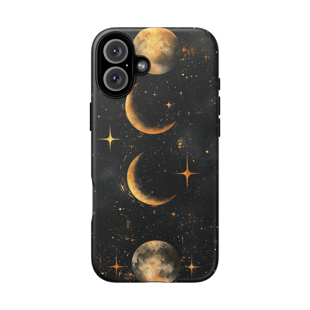 Celestial Moon Phases Tough iPhone Case | Gold Crescent & Full Moon Galaxy Design