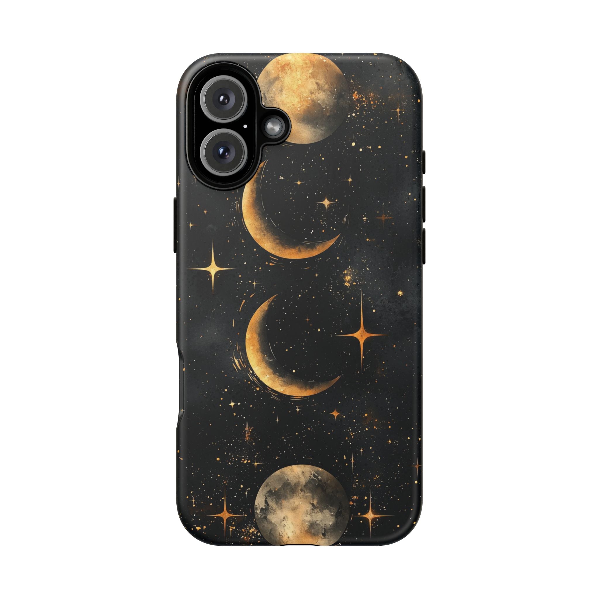 Celestial Moon Phases Tough iPhone Case | Gold Crescent & Full Moon Galaxy Design