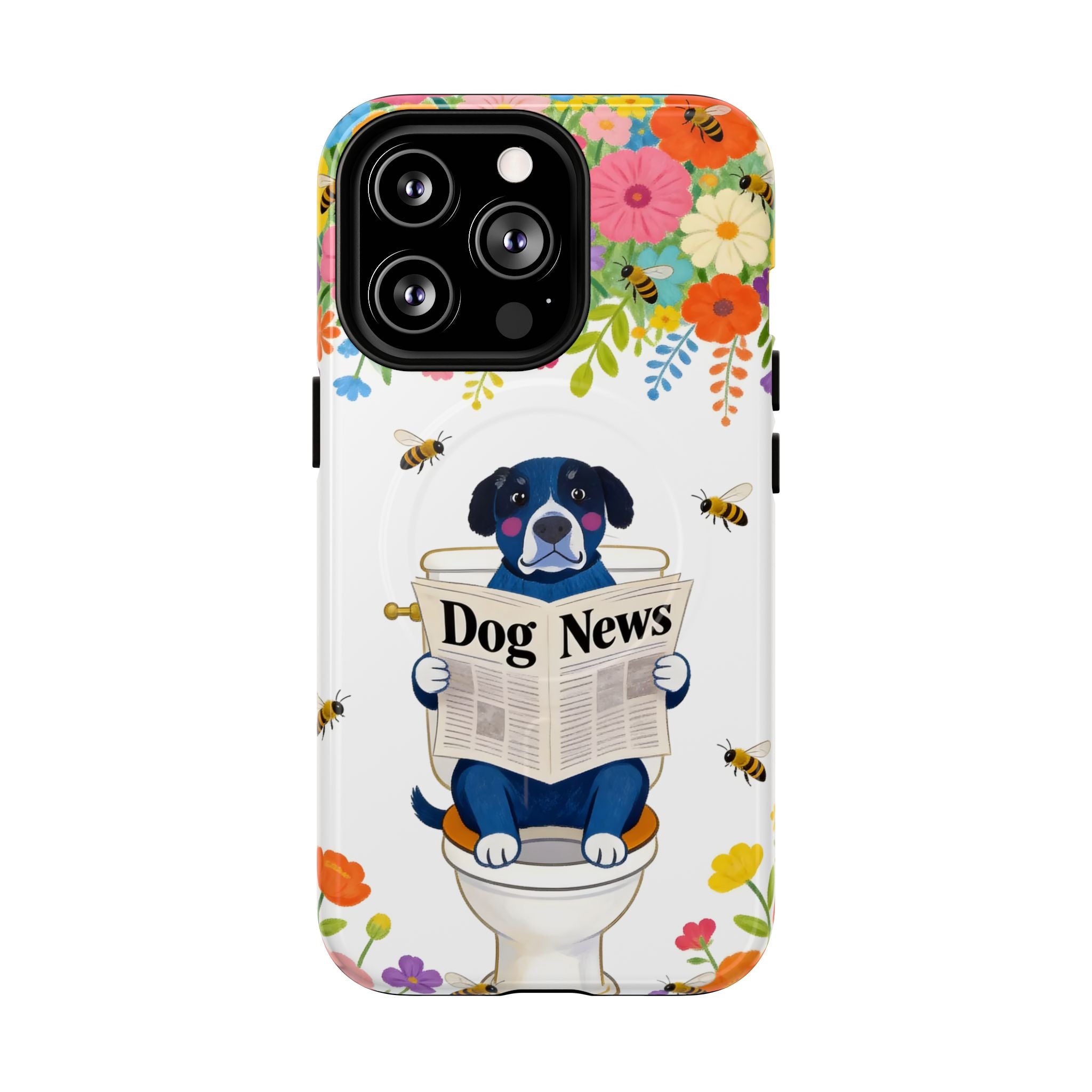 Dog News Floral MagSafe iPhone Case | Cute Dog on Toilet Pattern, Spring Floral iPhone Cover
