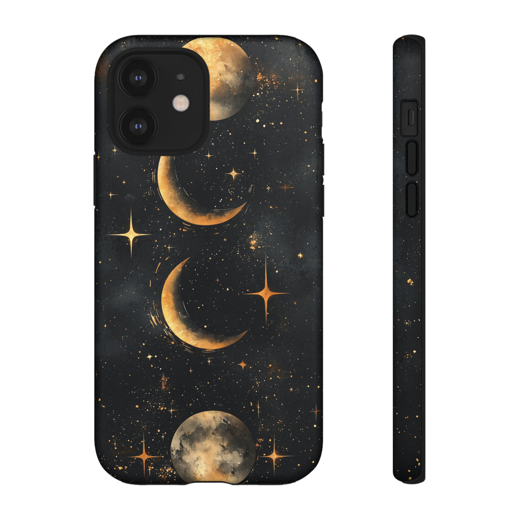 Celestial Moon Phases Tough iPhone Case | Gold Crescent & Full Moon Galaxy Design