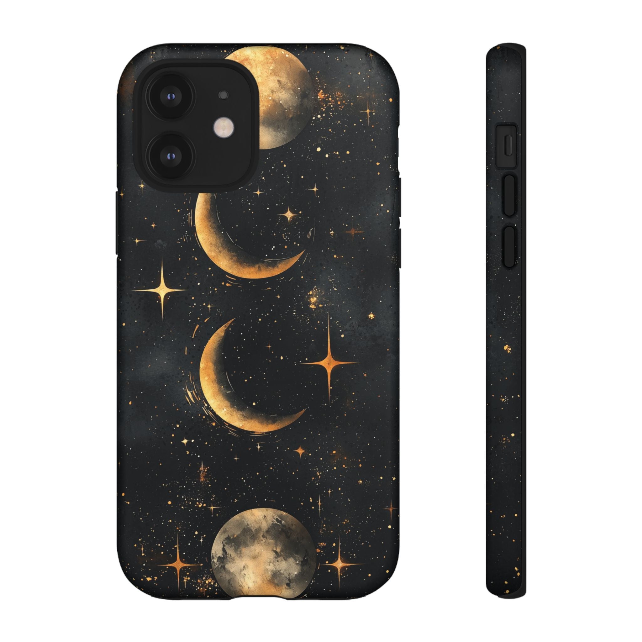 Celestial Moon Phases Tough iPhone Case | Gold Crescent & Full Moon Galaxy Design