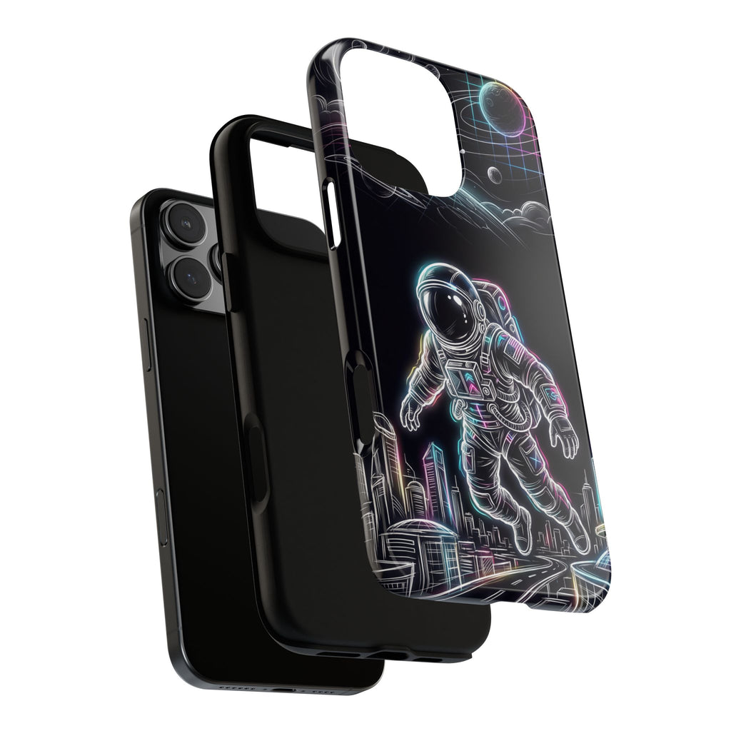 Custodia per iPhone a tema astronauta ed esploratore spaziale al neon