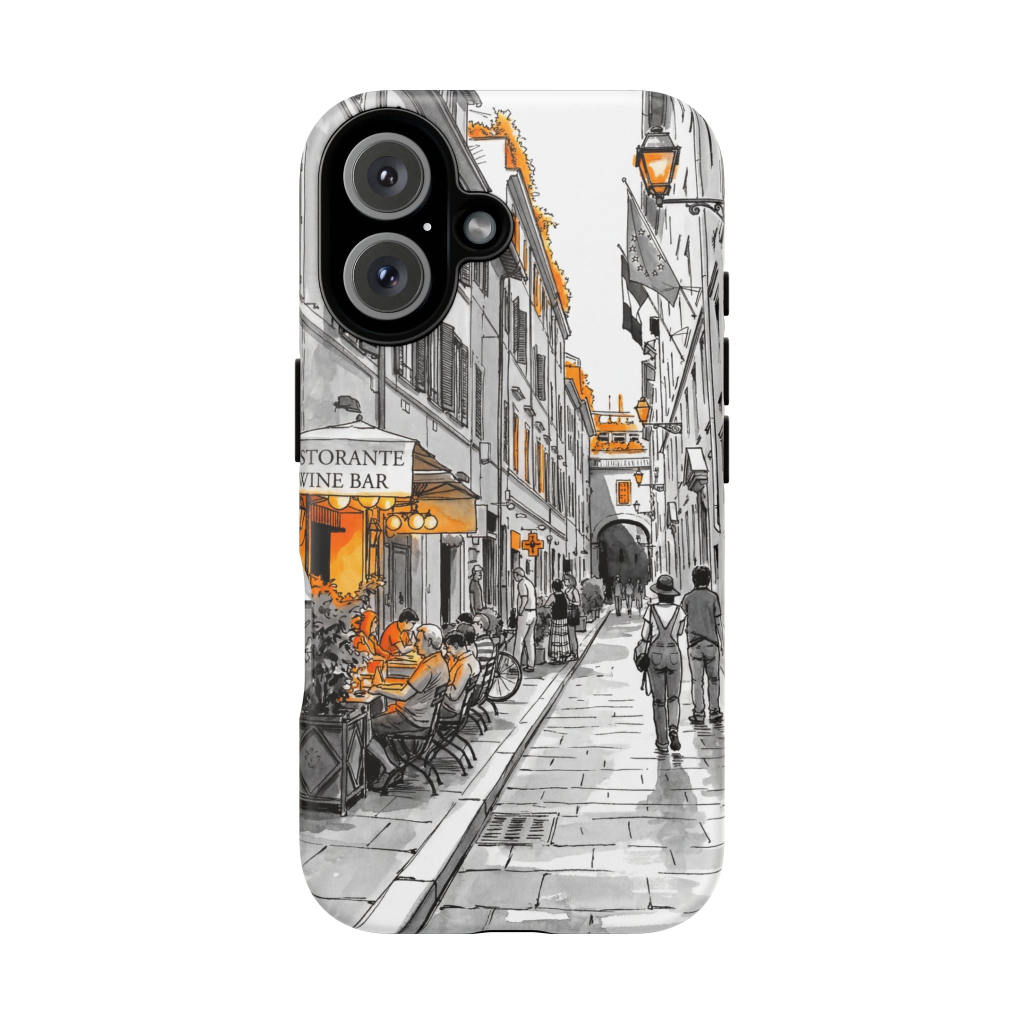 Vintage Italy Street iPhone Case | Black & White Sketch with Orange Accent