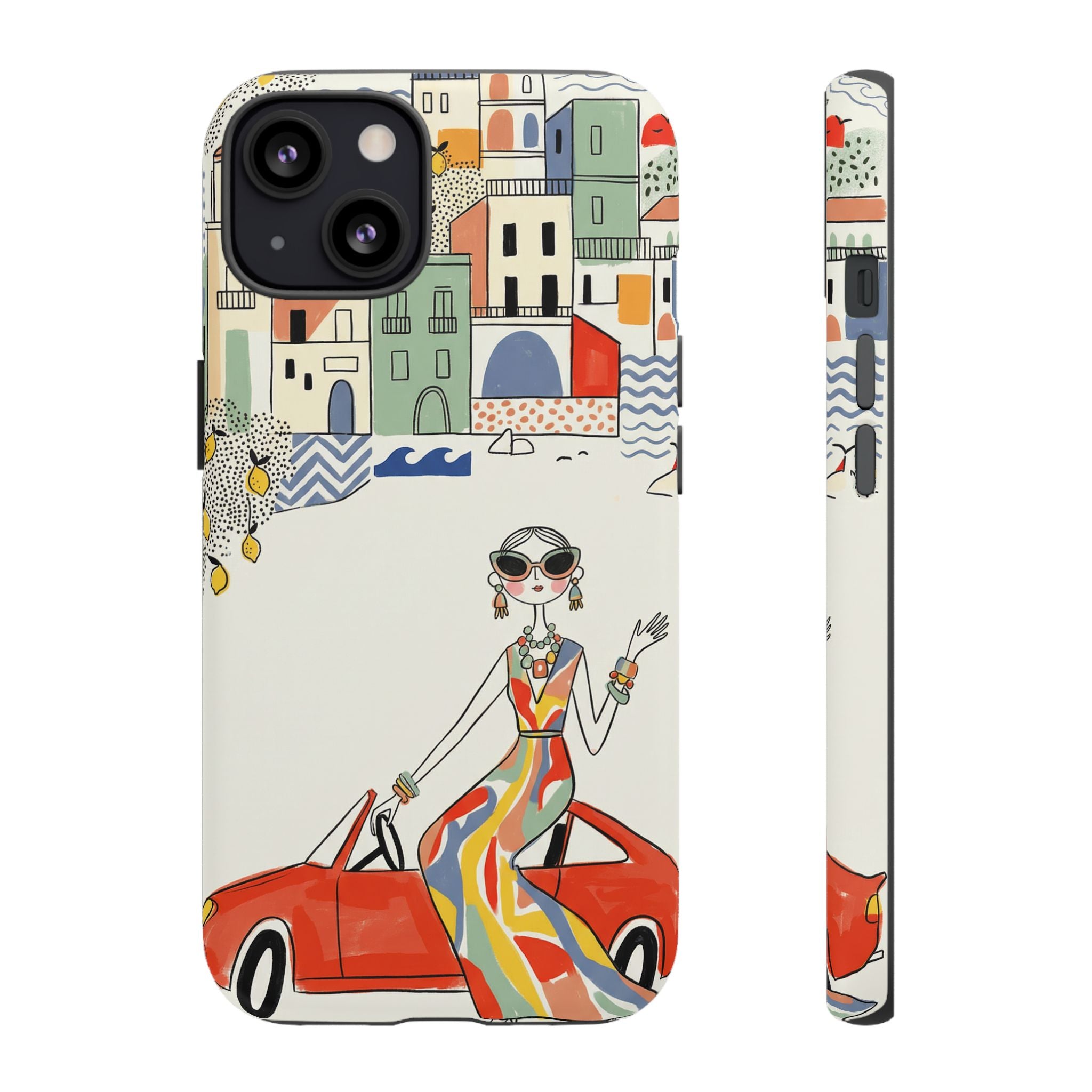 Stylish Riviera iPhone Case | Chic Retro Woman in Convertible Design