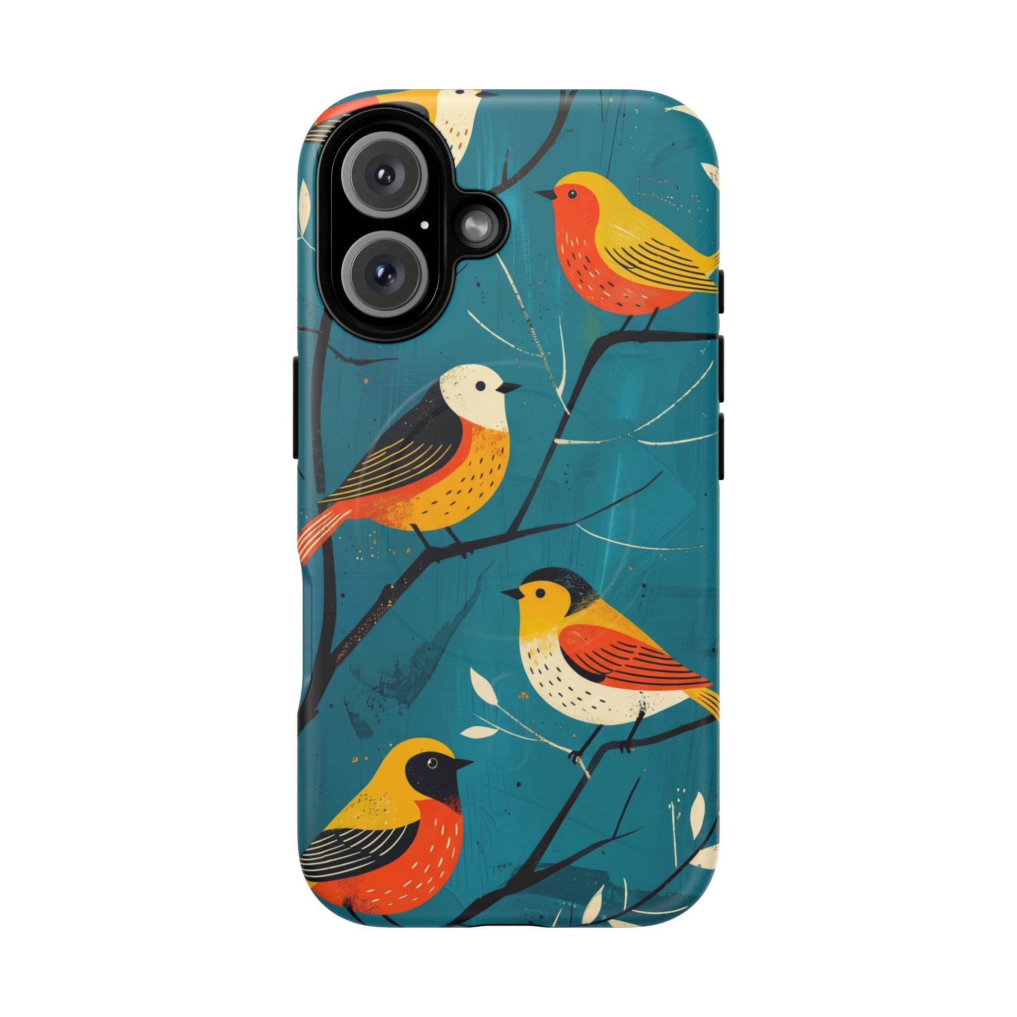 Bird Pattern Tough MagSafe iPhone Case | Colourful Songbirds on Teal Background