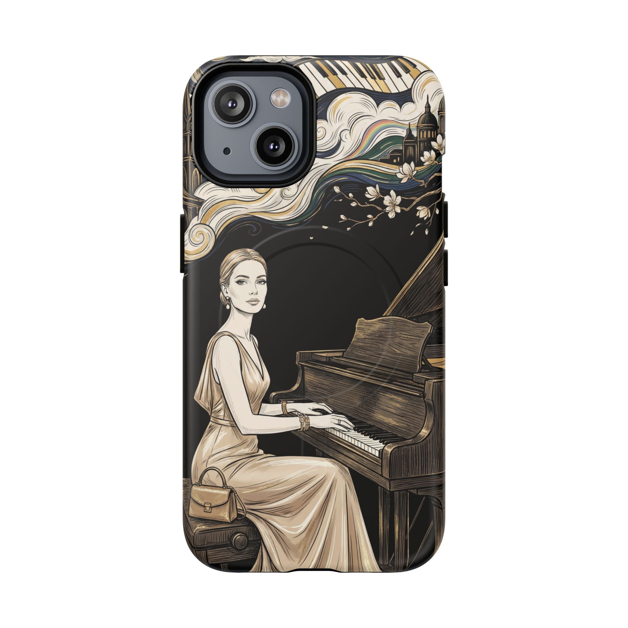 Elegant Piano Woman MagSafe iPhone Case | Vintage Art Deco Music Design