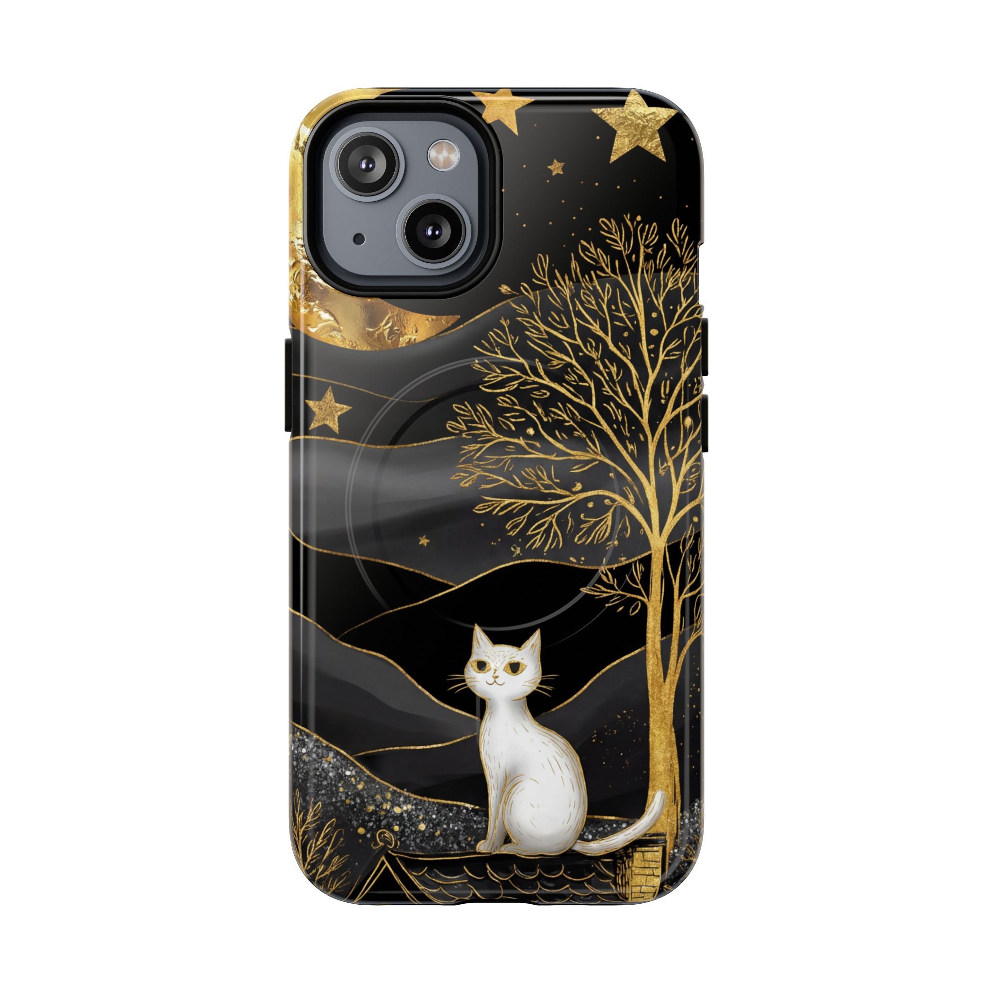Custodia per iPhone Moonlit Cat | Custodia resistente MagSafe nera e oro