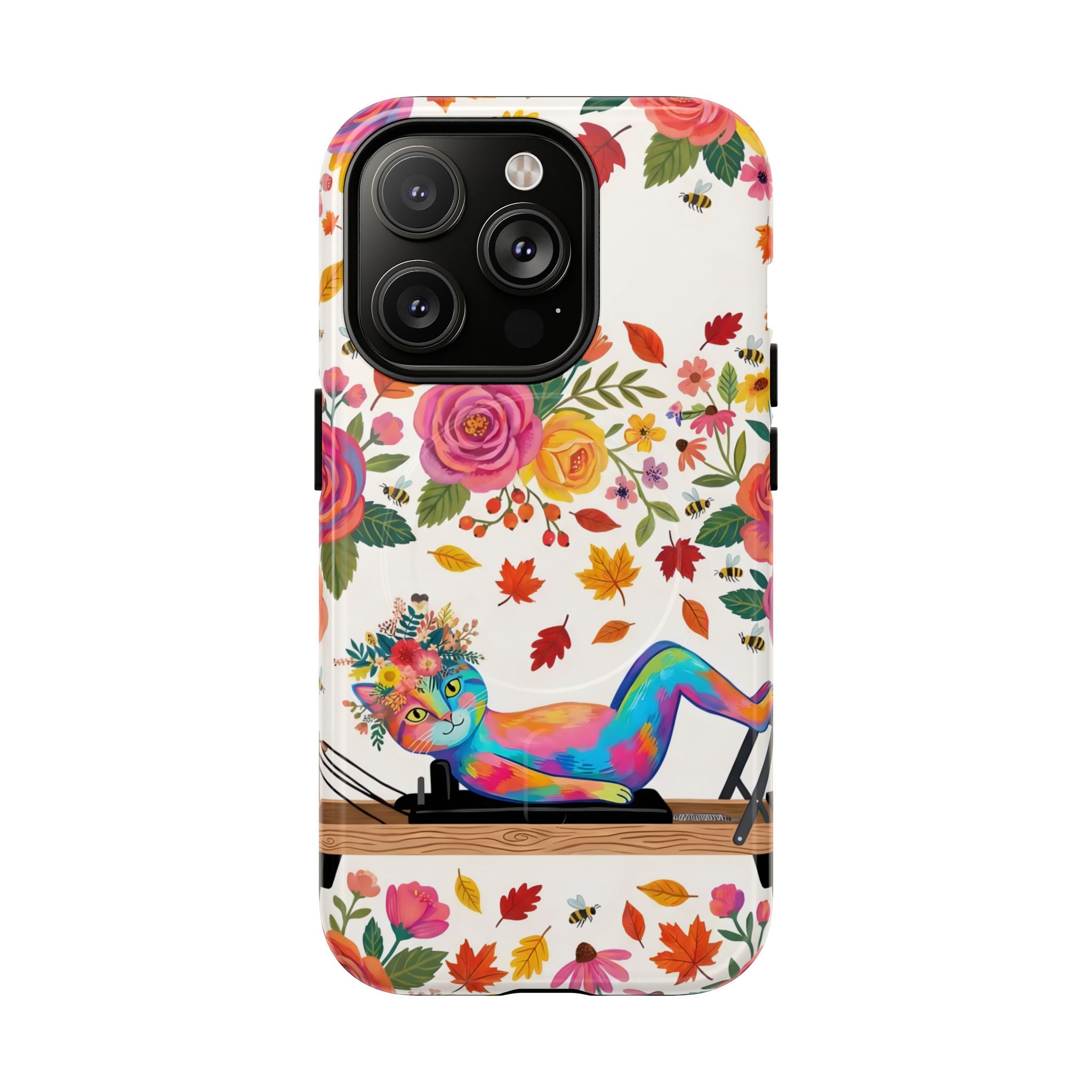 Autumn Floral Pilates MagSafe iPhone Case | Colorful Rainbow Pilates Cat on Falling Leaves
