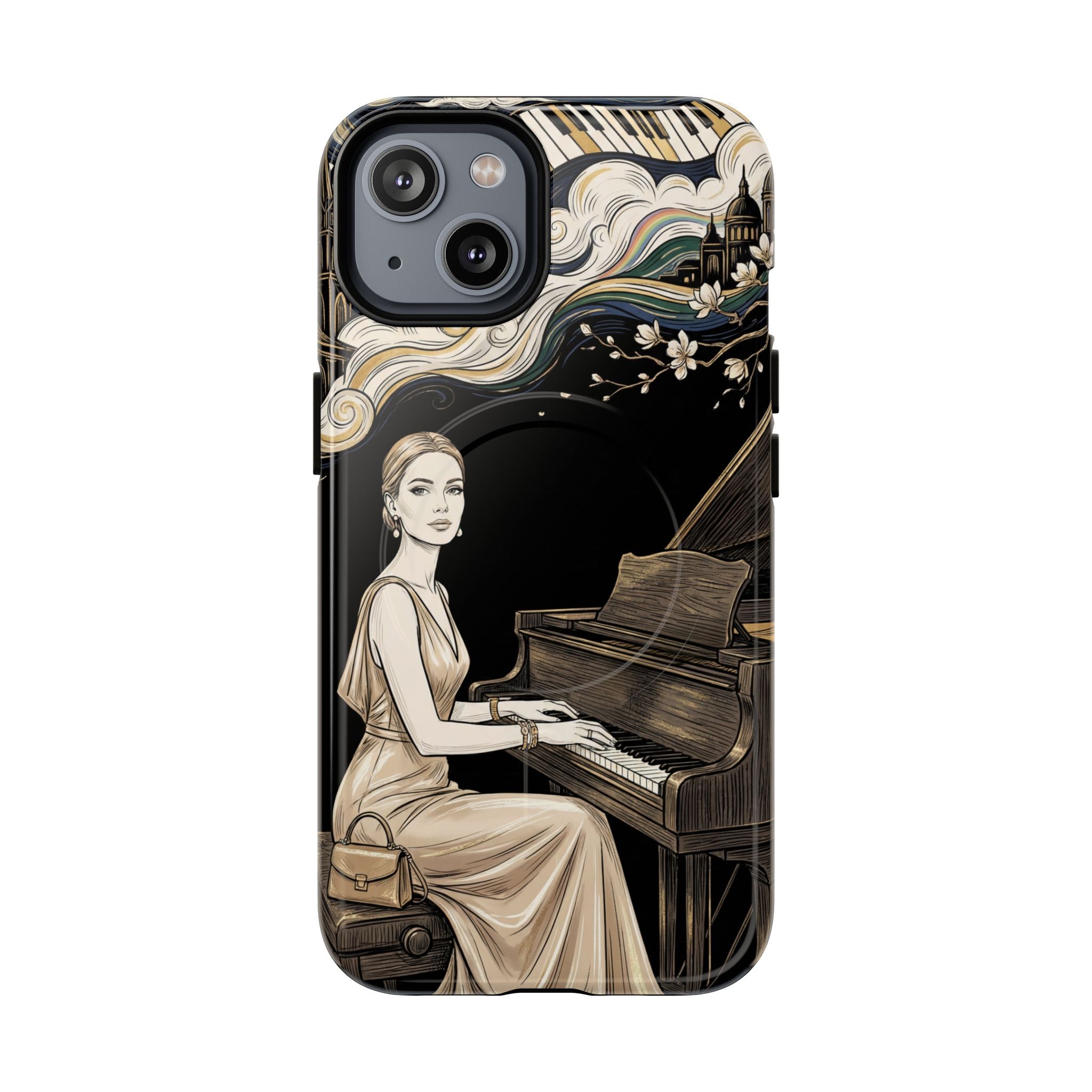 Elegant Piano Woman MagSafe iPhone Case | Vintage Art Deco Music Design