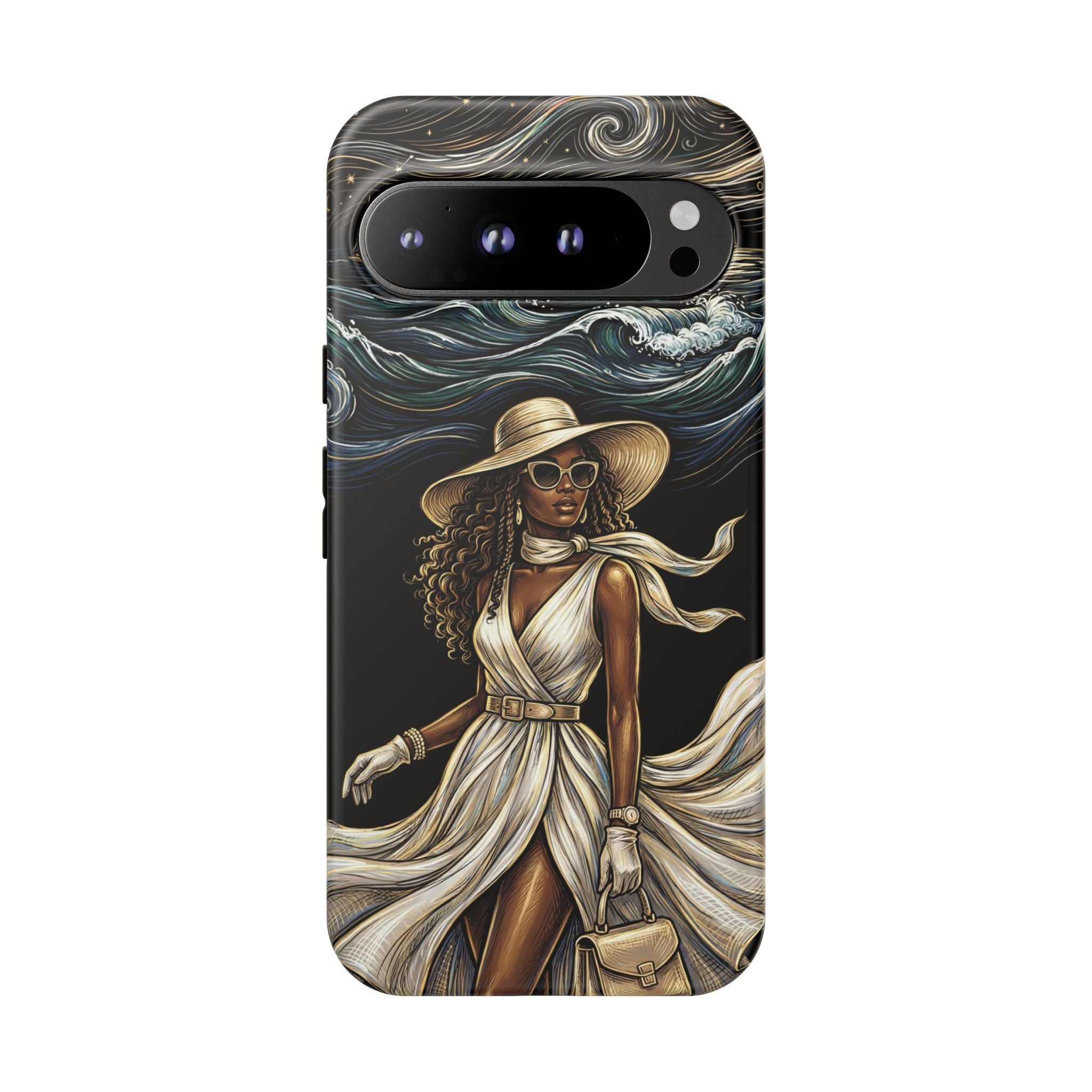 Google Pixel Phone Case | Elegant Black Woman in Flowing Dress by the Sea