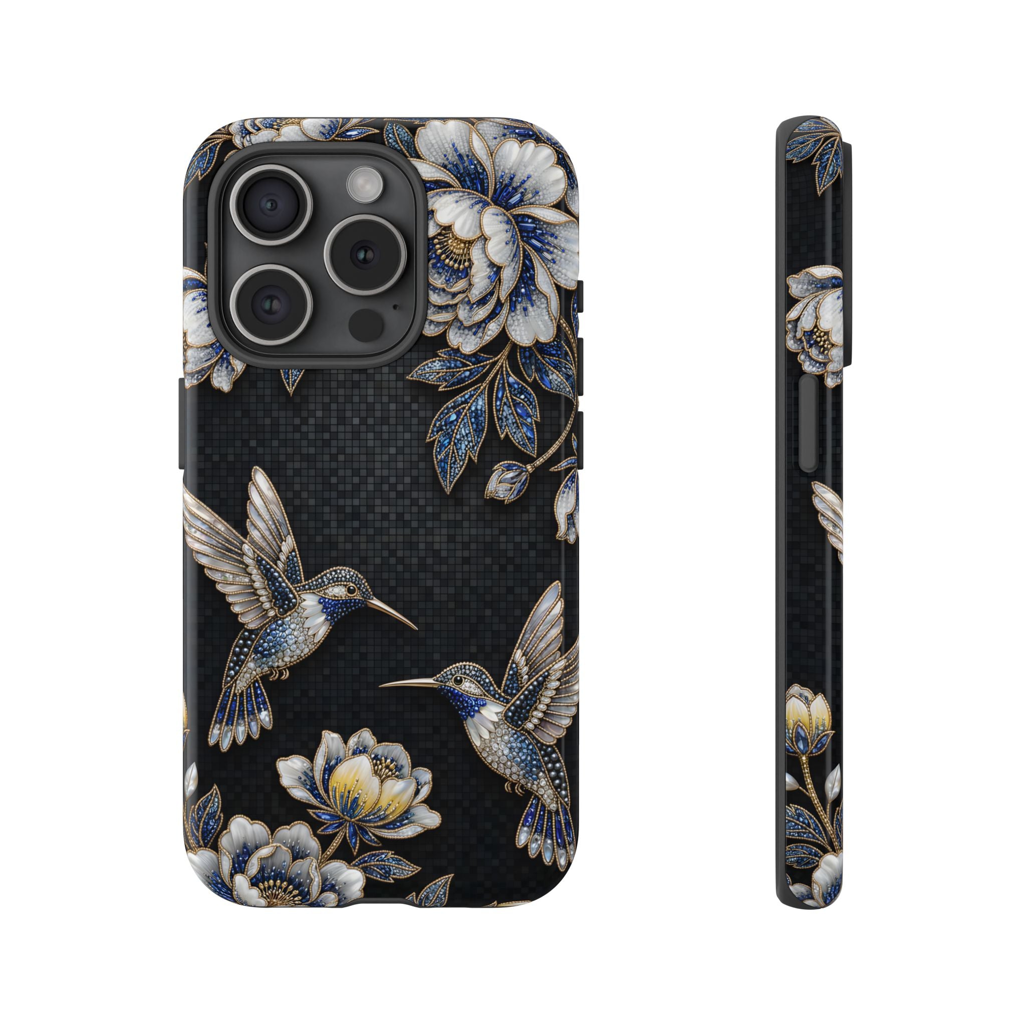 Hummingbird & Peony Floral iPhone Case | Elegant Black Protective Cover