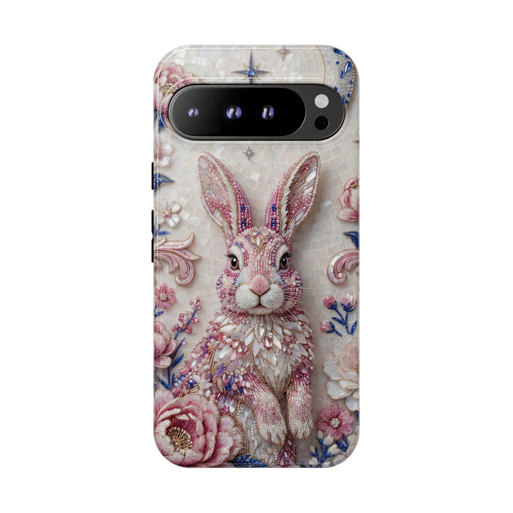 Floral Moon Rabbit Tough Google Pixel Phone Case | Pink Boho Bunny Protective Cover