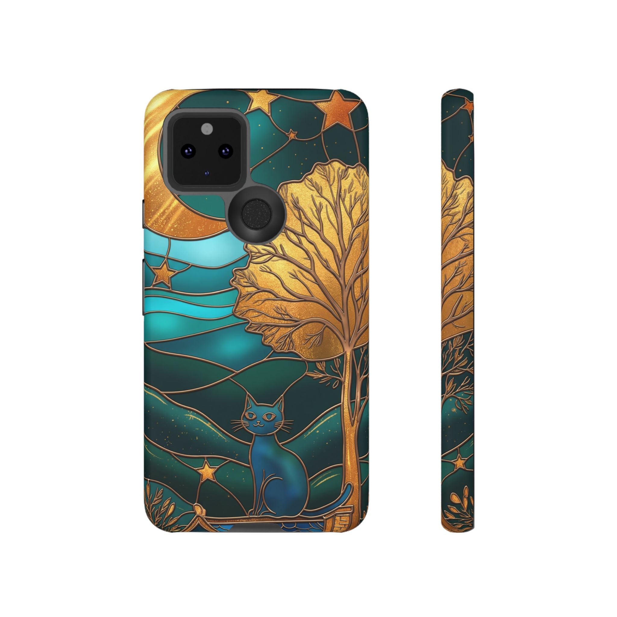 Stained Glass Night Cat Google Pixel Case | Teal & Gold Art Deco Protection