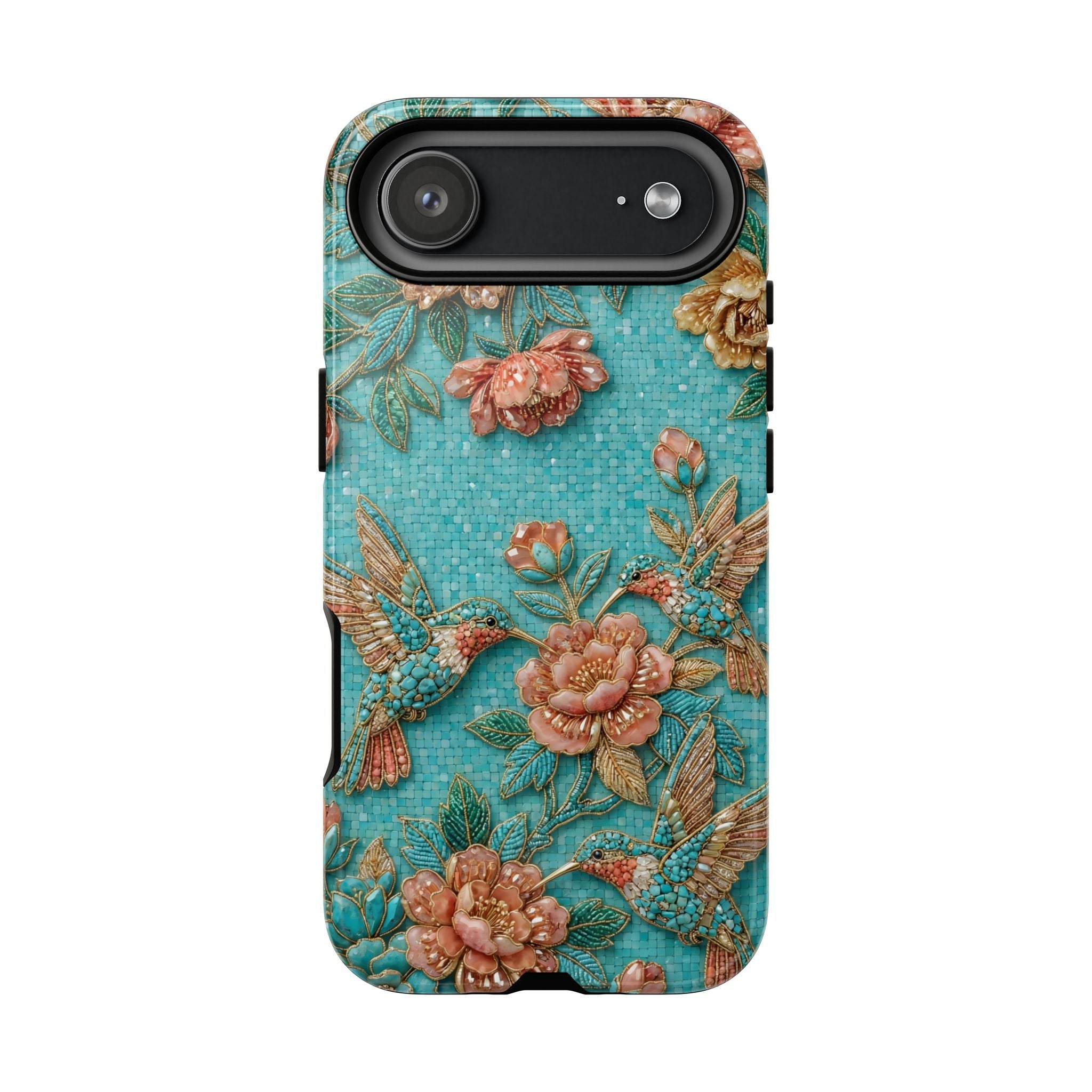 Floral Hummingbird Tough iPhone Case | Turquoise Embroidered Garden Design