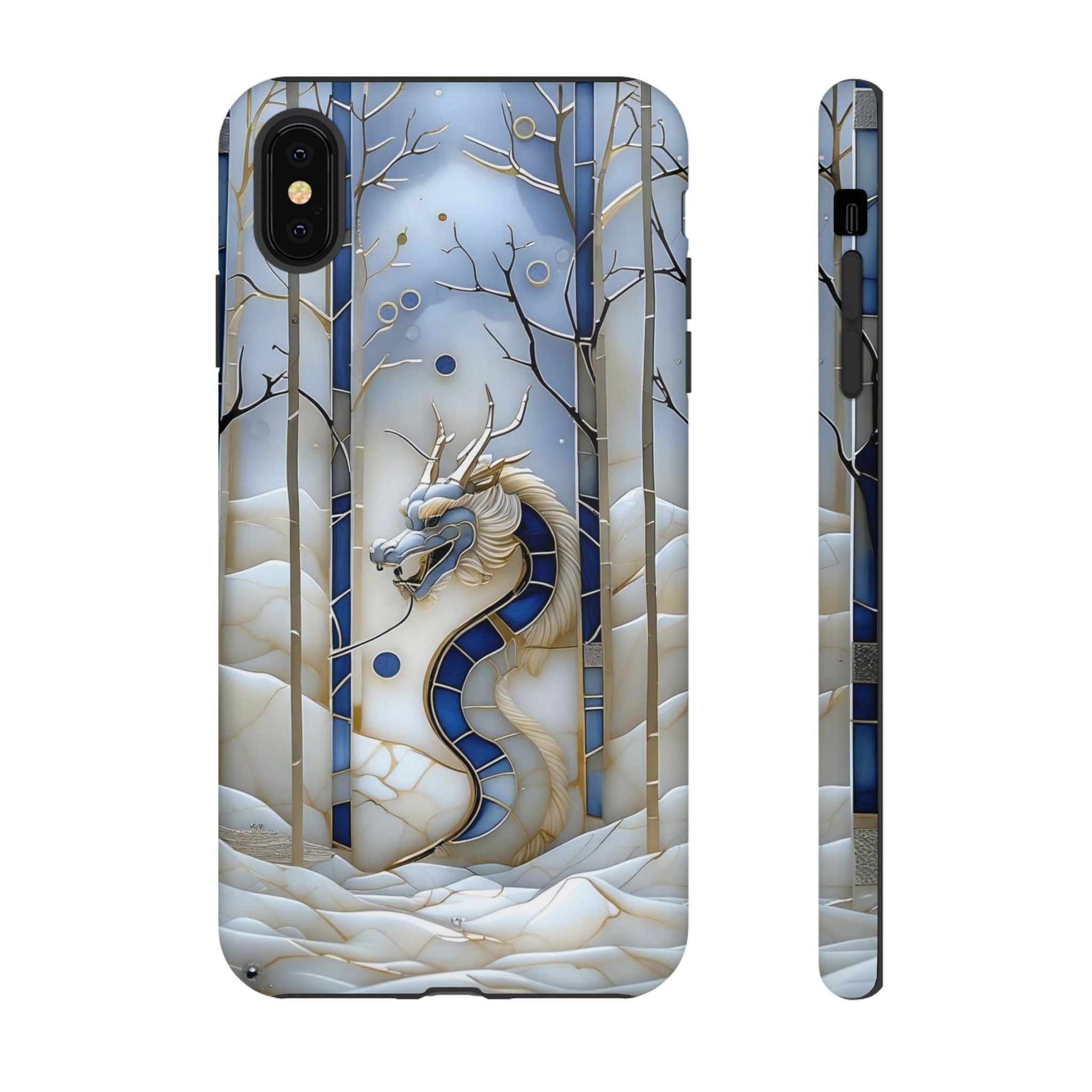 Dragon Stained Glass iPhone Case — Blue Winter Forest Protective Cover