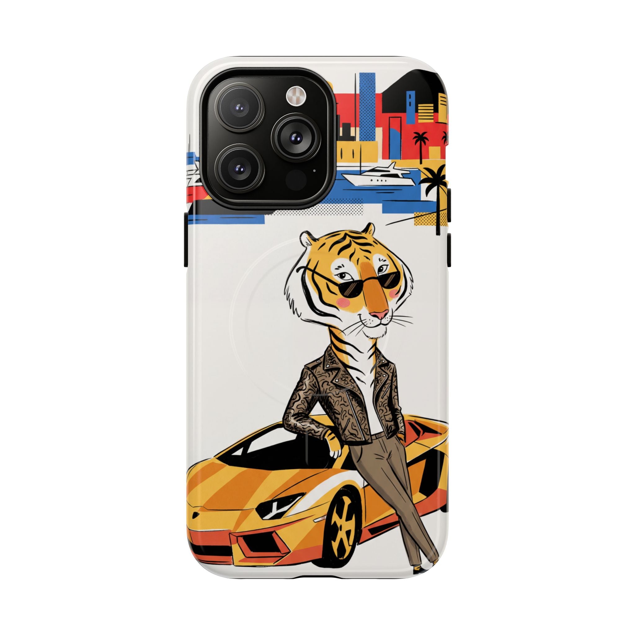Stylish Tiger with Sports Car Illustration MagSafe iPhone Case