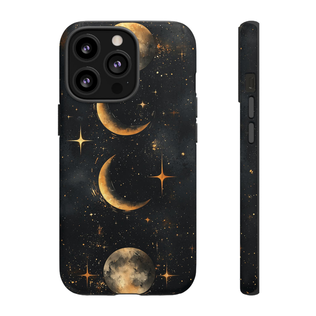 Celestial Moon Phases Tough iPhone Case | Gold Crescent & Full Moon Galaxy Design