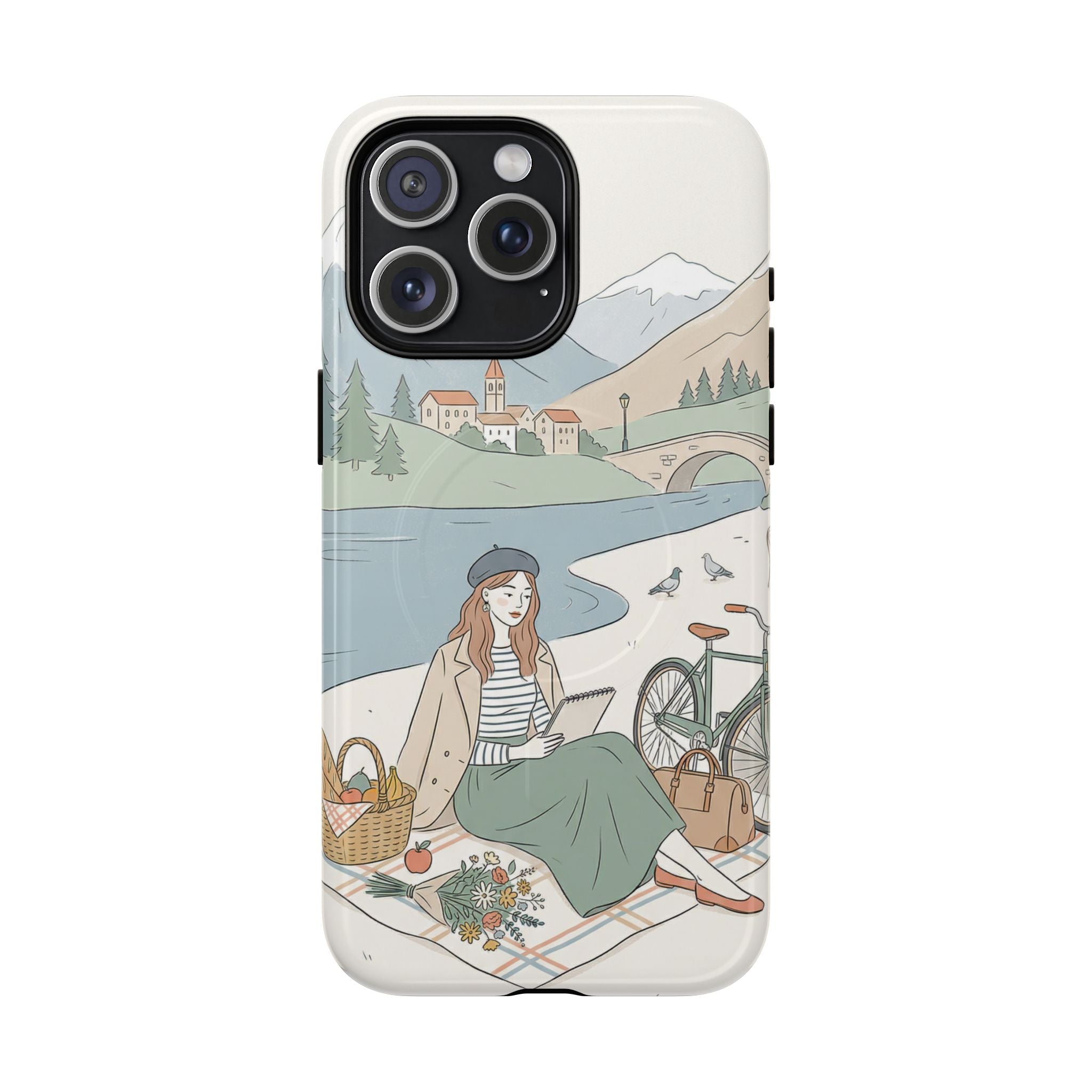 Scenic Picnic MagSafe iPhone Case | Vintage Bicycle & Mountain Illustration