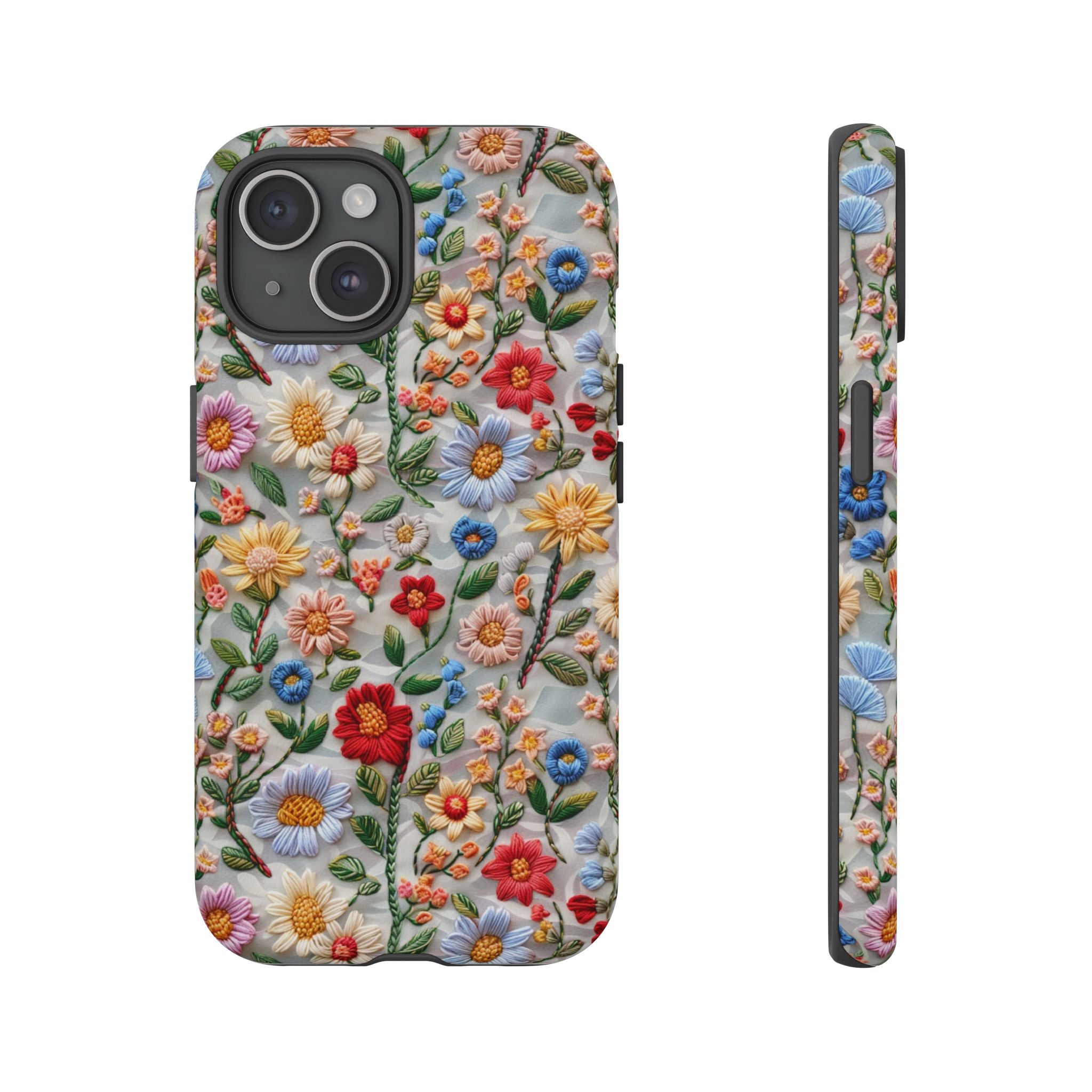 Floral Embroidered Pattern Tough iPhone Case — Colourful Daisy & Wildflower Design