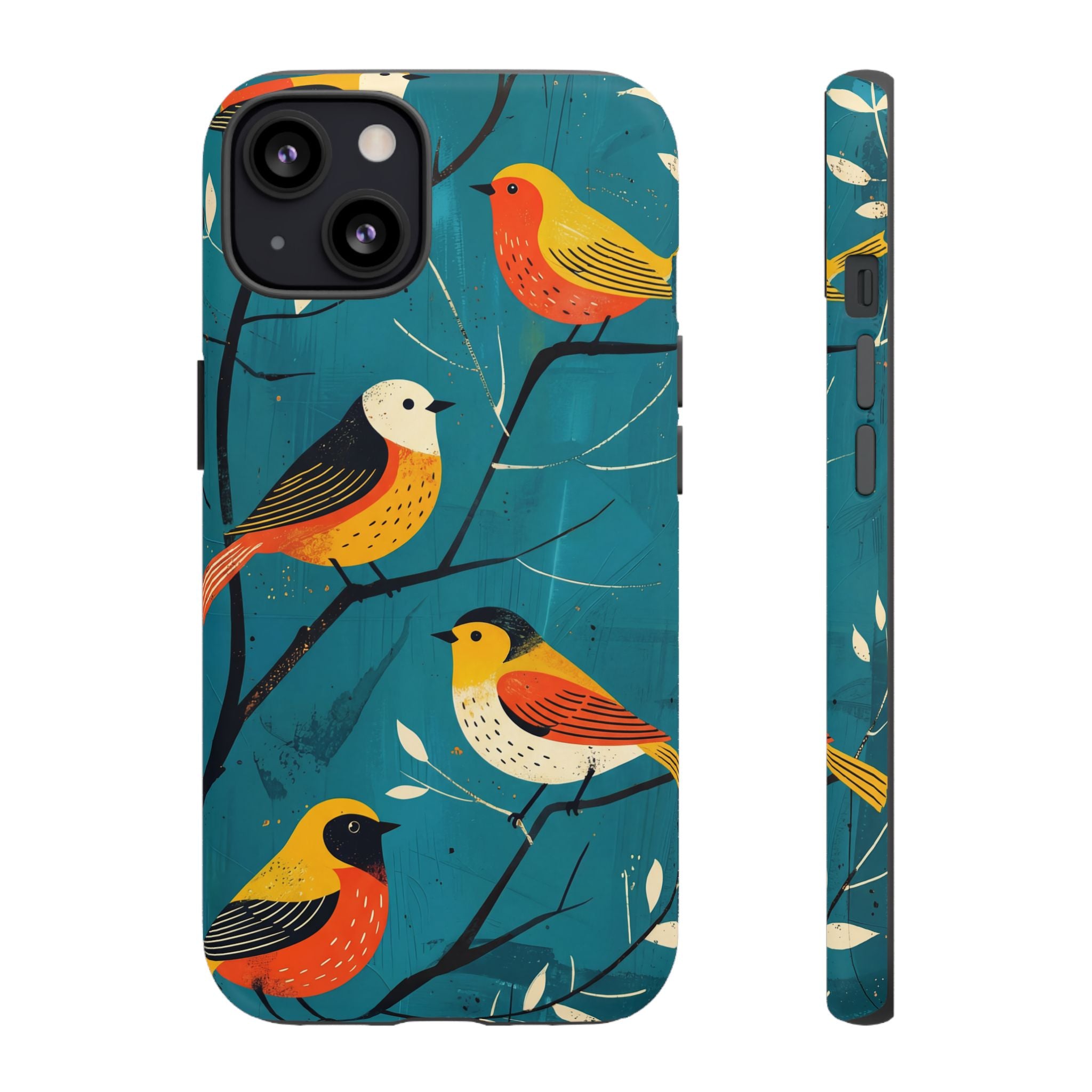 Bird Pattern Tough iPhone Case | Colourful Songbirds on Teal Background