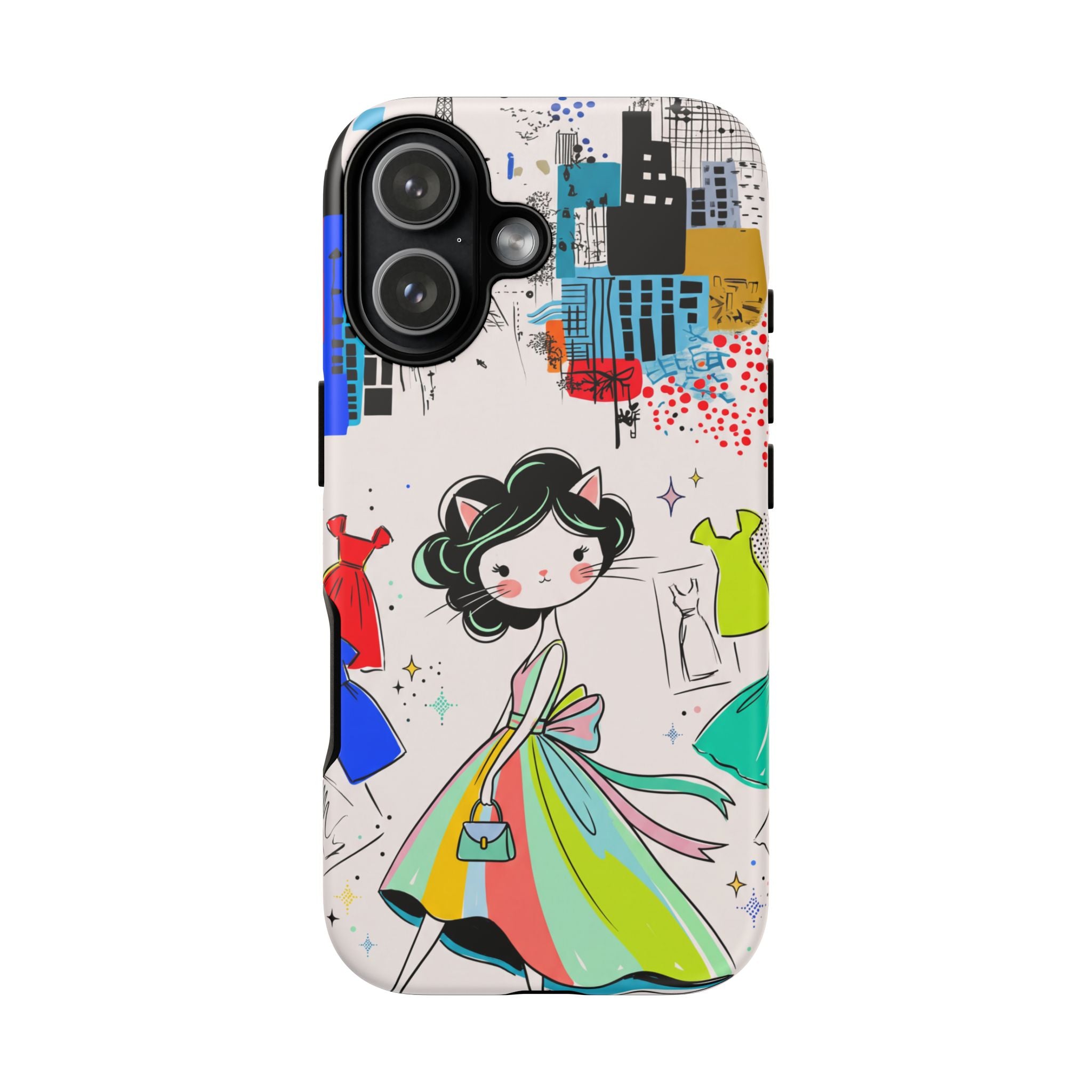 Retro Fashion Cat Girl iPhone Case | Cute Dress & City Print