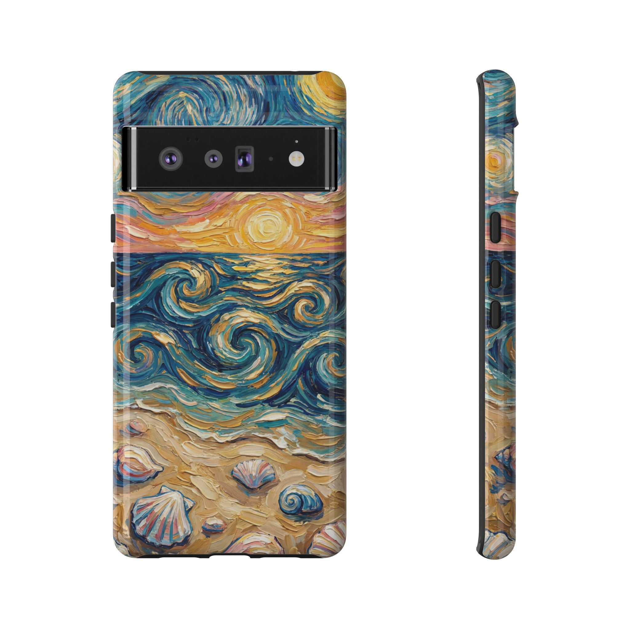 Sea Sunset Google Pixel Case — Van Gogh‑Style Beach Waves with Shells
