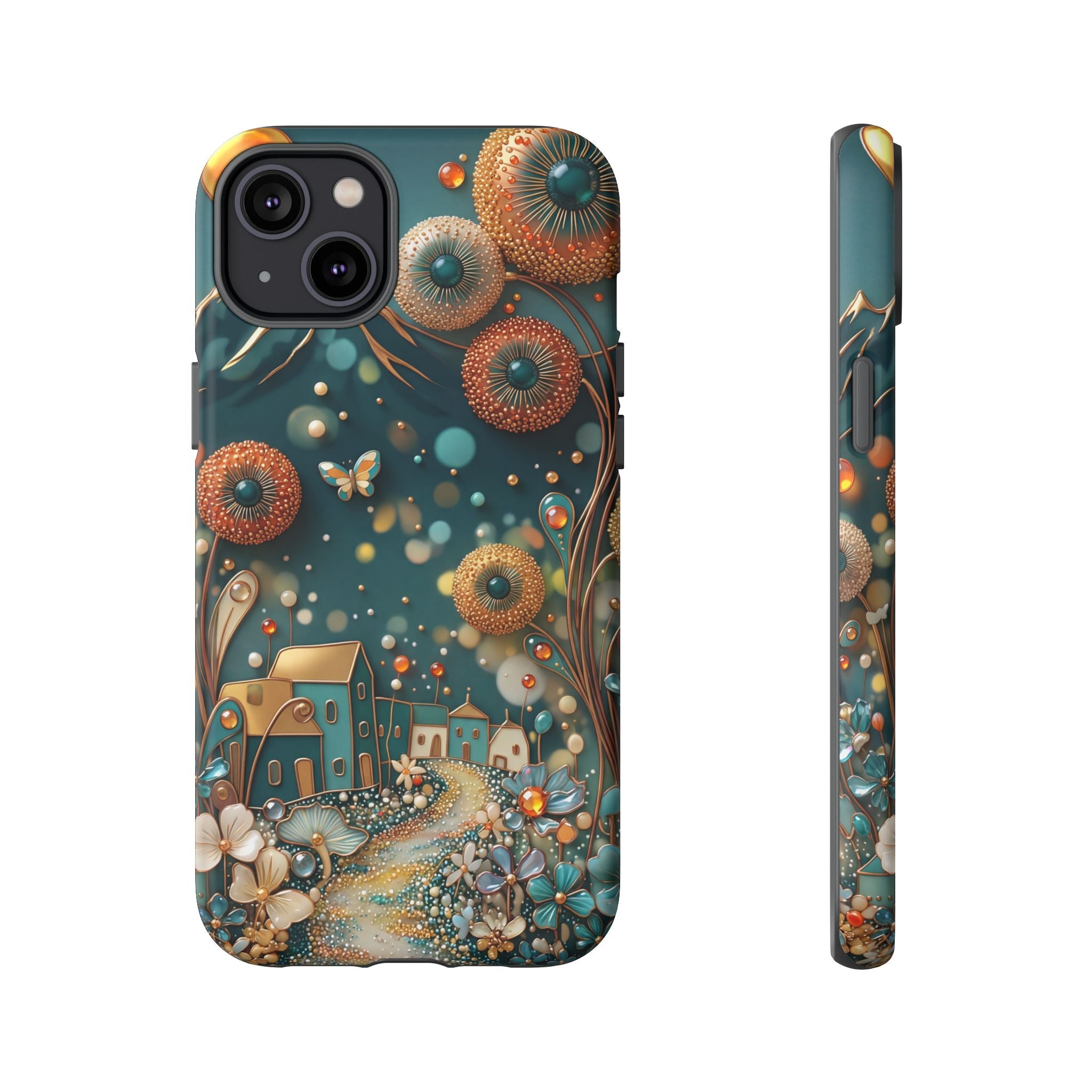 Whimsical Night Village iPhone Case | Floral Moonlit Art Tough Case