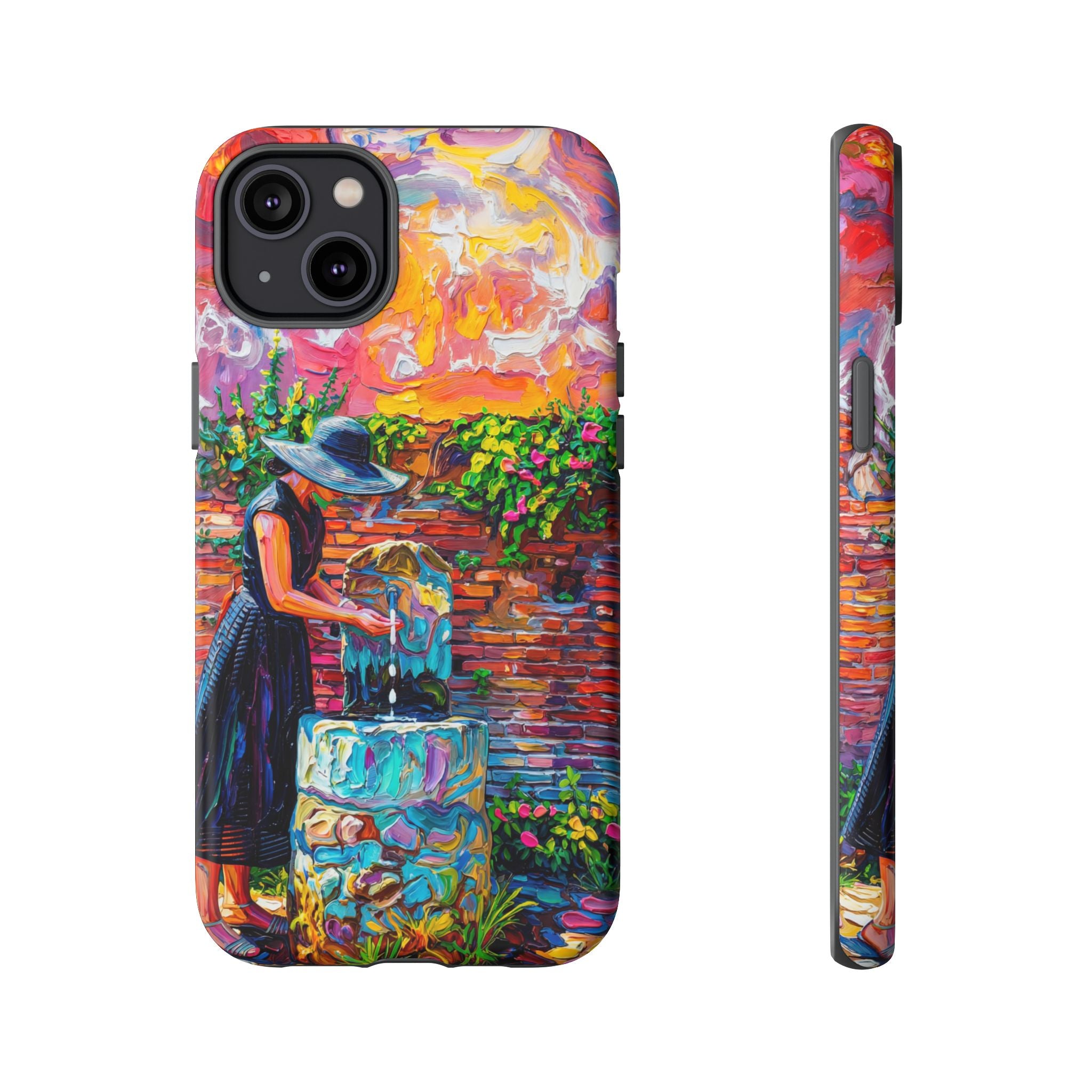 Artistic Garden iPhone Case | Woman at Fountain Colourful Painterly Design