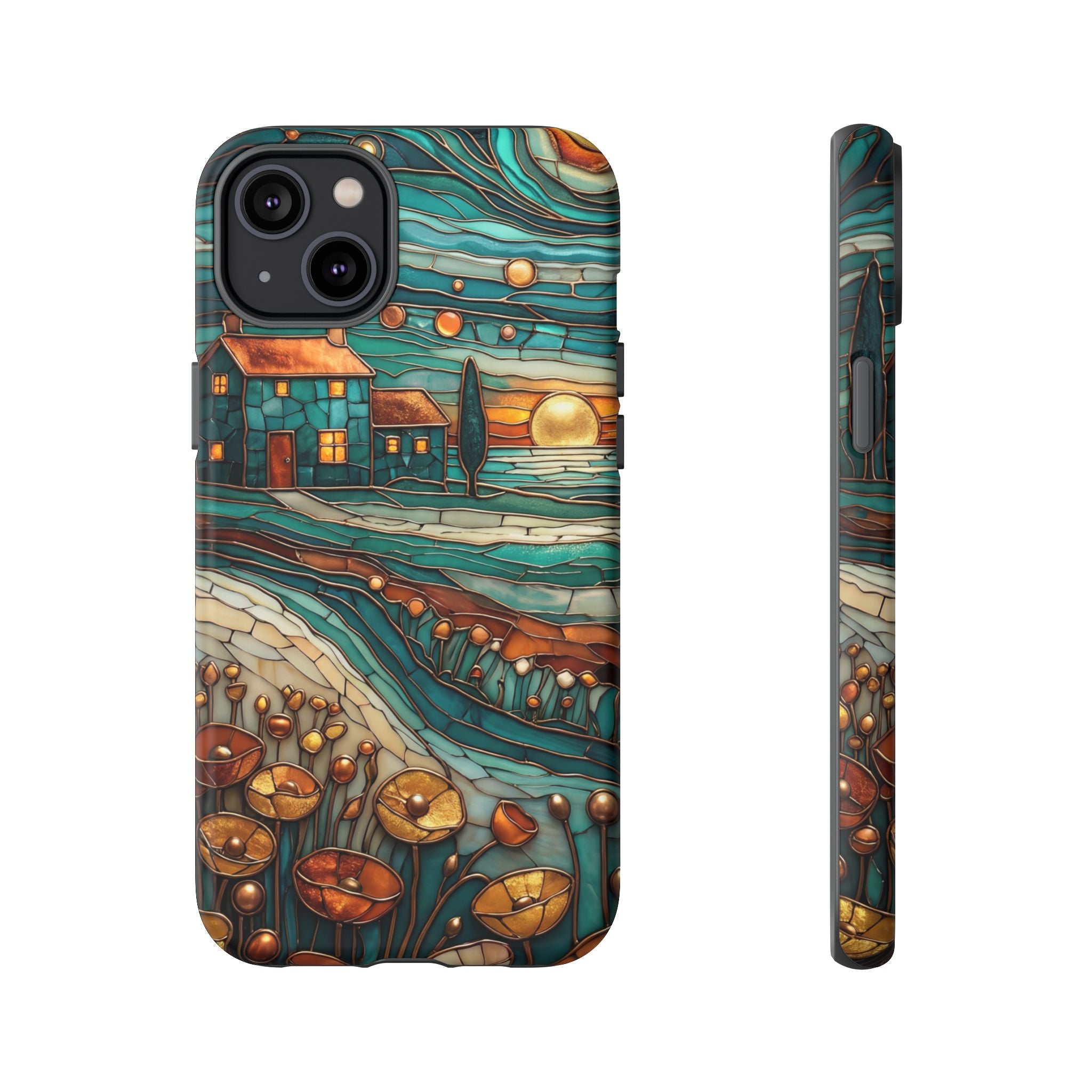 Artistic Sunset Cottage iPhone Case | Whimsical Floral Landscape Protective Cover