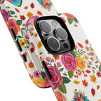 Autumn Floral Pilates iPhone Case | Colorful Rainbow Pilates Cat on Falling Leaves