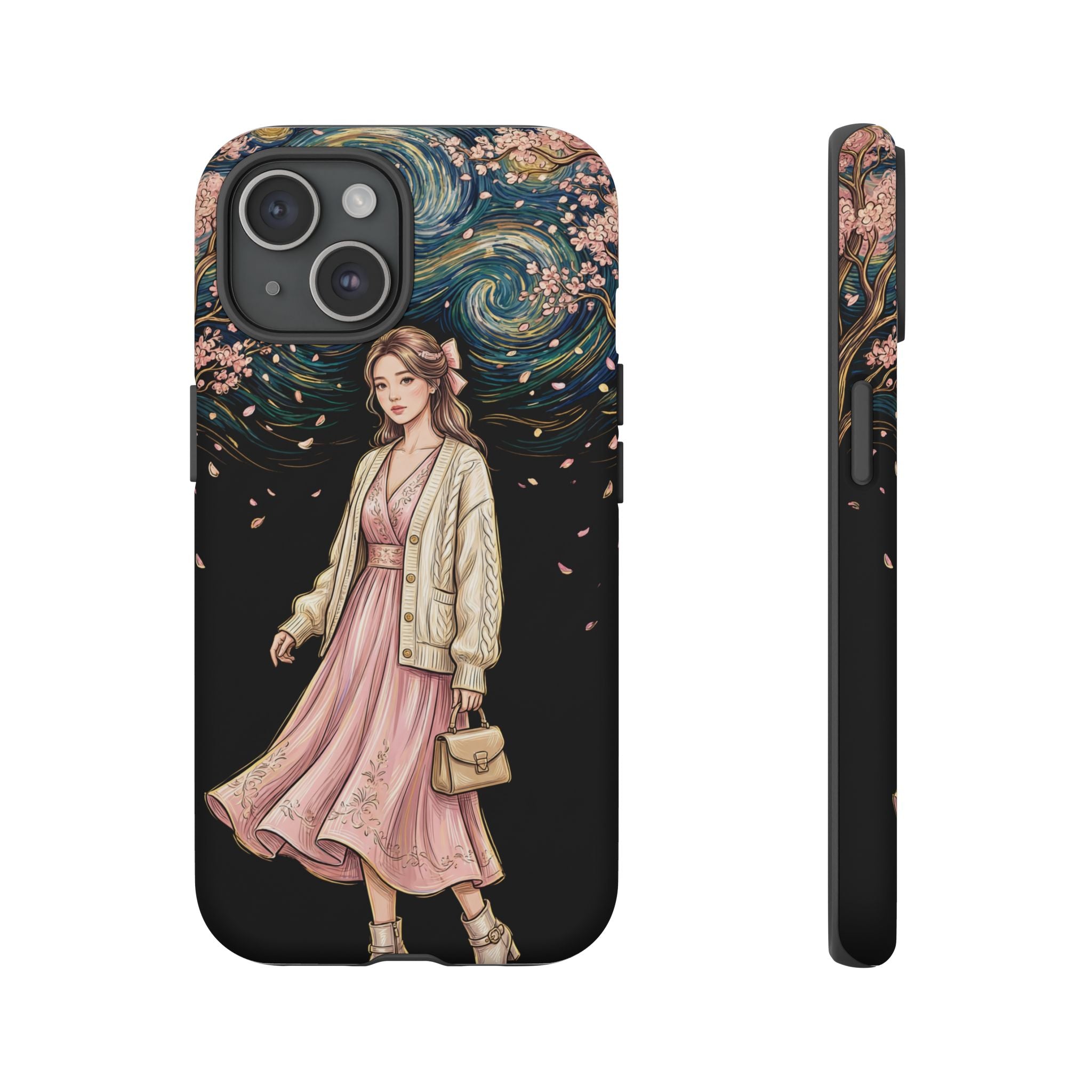Floral Starry Night iPhone Case | Elegant Girl in Pink Dress