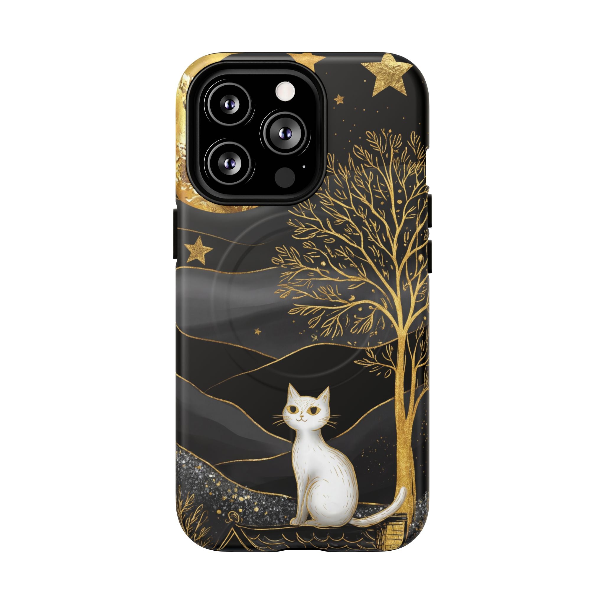 Custodia per iPhone Moonlit Cat | Custodia resistente MagSafe nera e oro