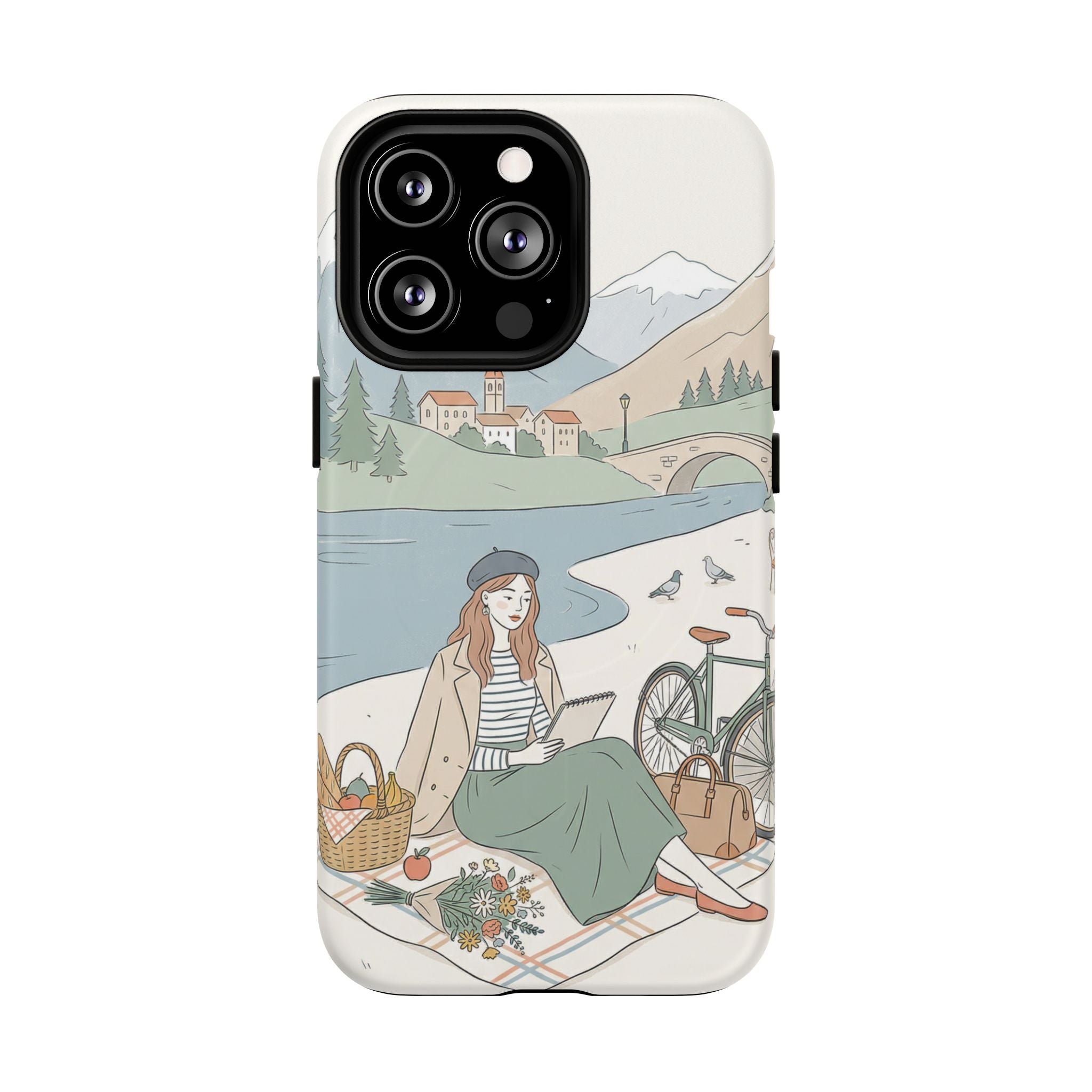 Scenic Picnic MagSafe iPhone Case | Vintage Bicycle & Mountain Illustration