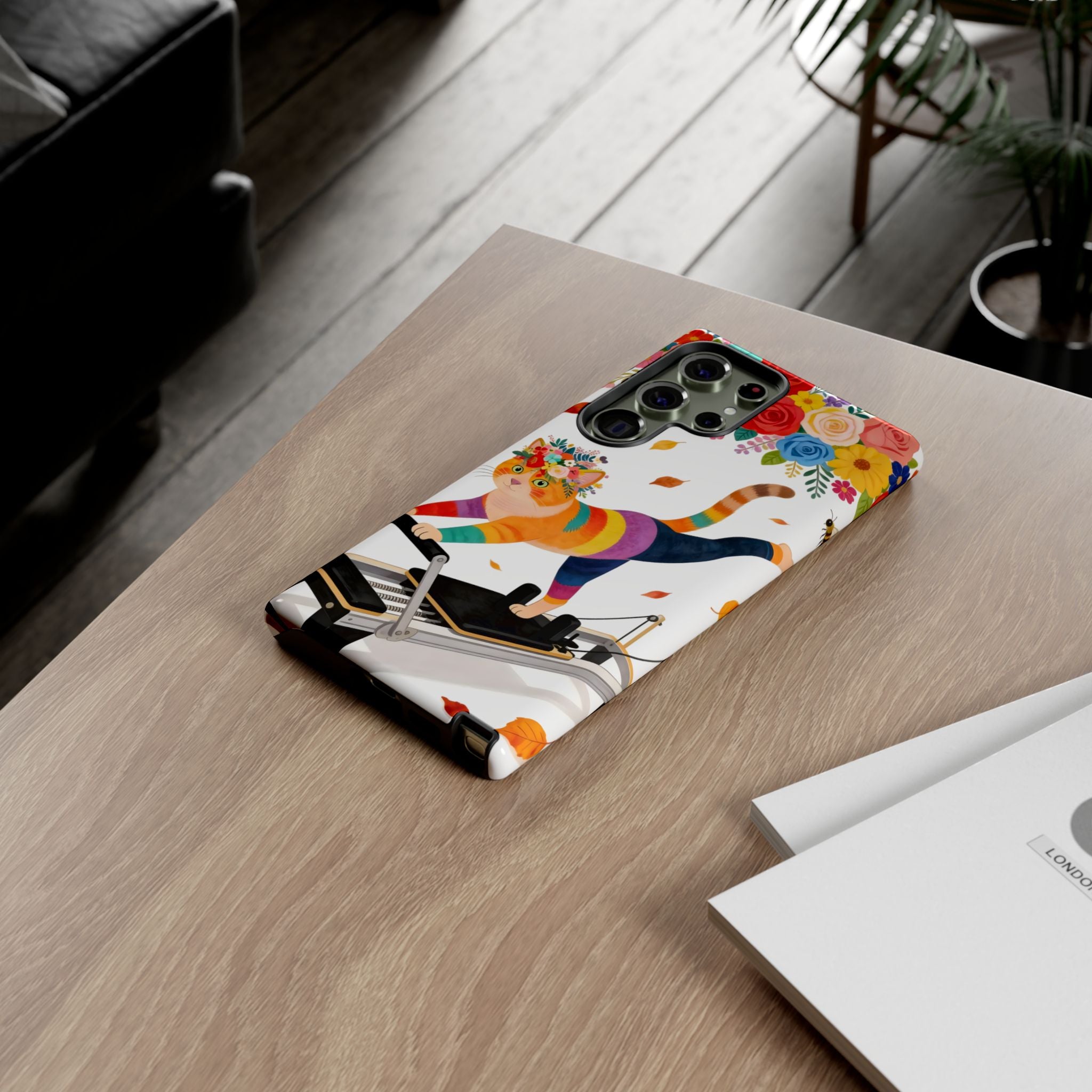 Cat Pilates Samsung Galaxy Phone Case | Floral Rainbow Cat on Reformer