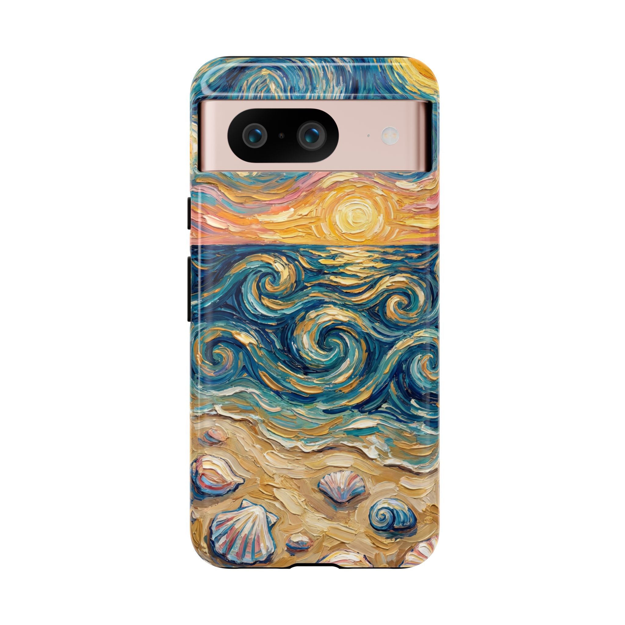 Sea Sunset Google Pixel Case — Van Gogh‑Style Beach Waves with Shells