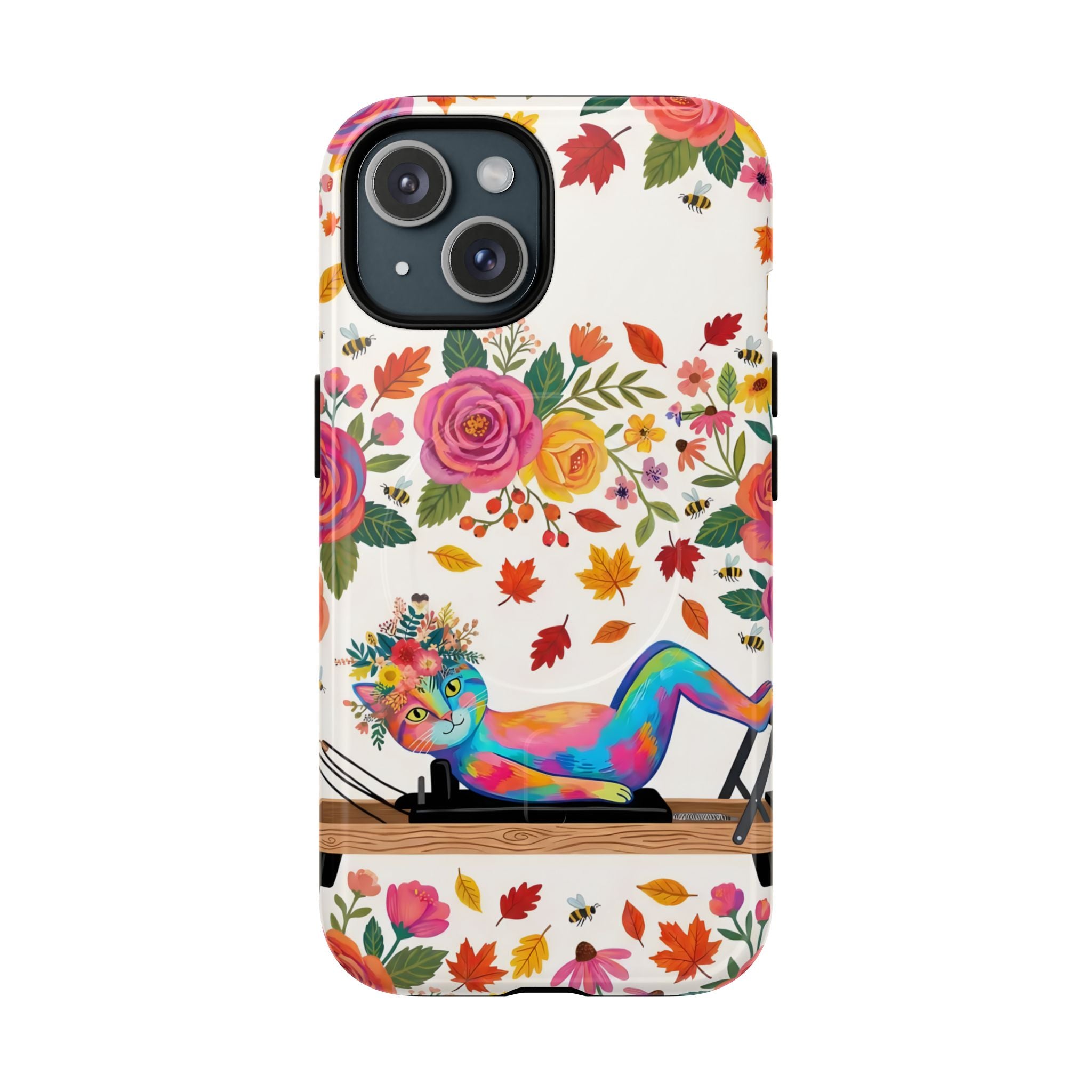 Autumn Floral Pilates MagSafe iPhone Case | Colorful Rainbow Pilates Cat on Falling Leaves