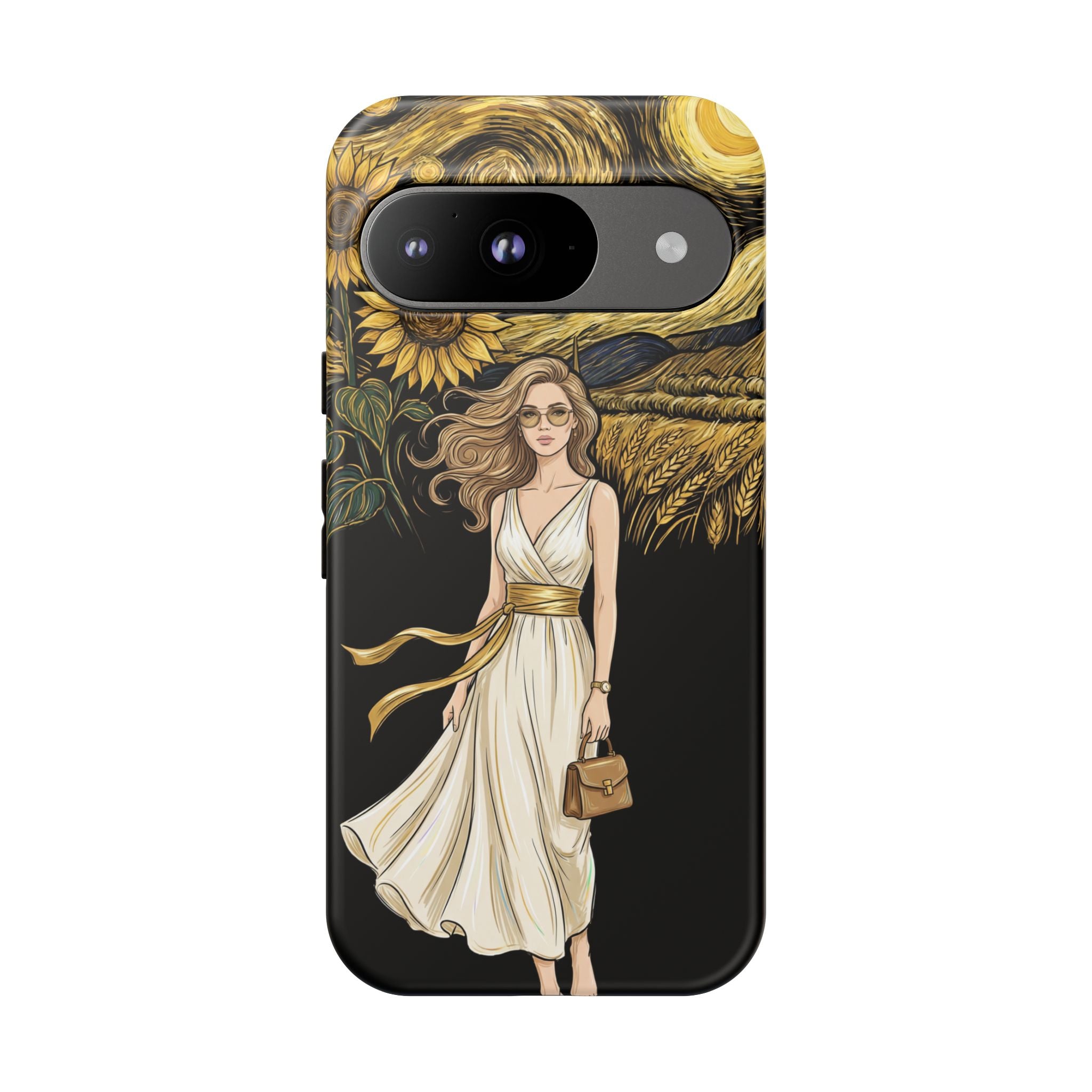 Sunflower Night Google Pixel Phone Case | Woman in Flowing Dress Van Gogh Style