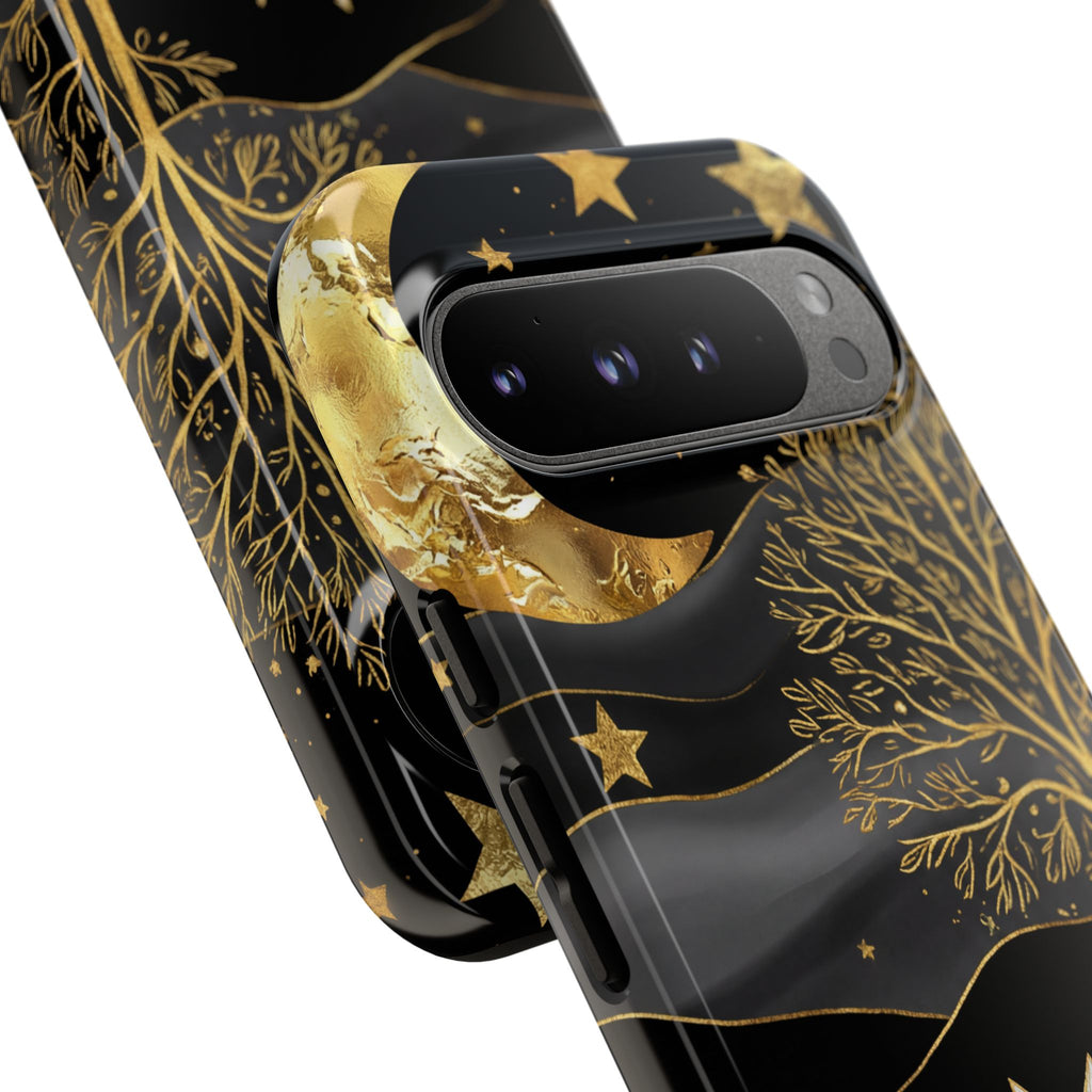 Mystic Night Cat Google Pixel Case | Gold Tree & Stars Tough Case