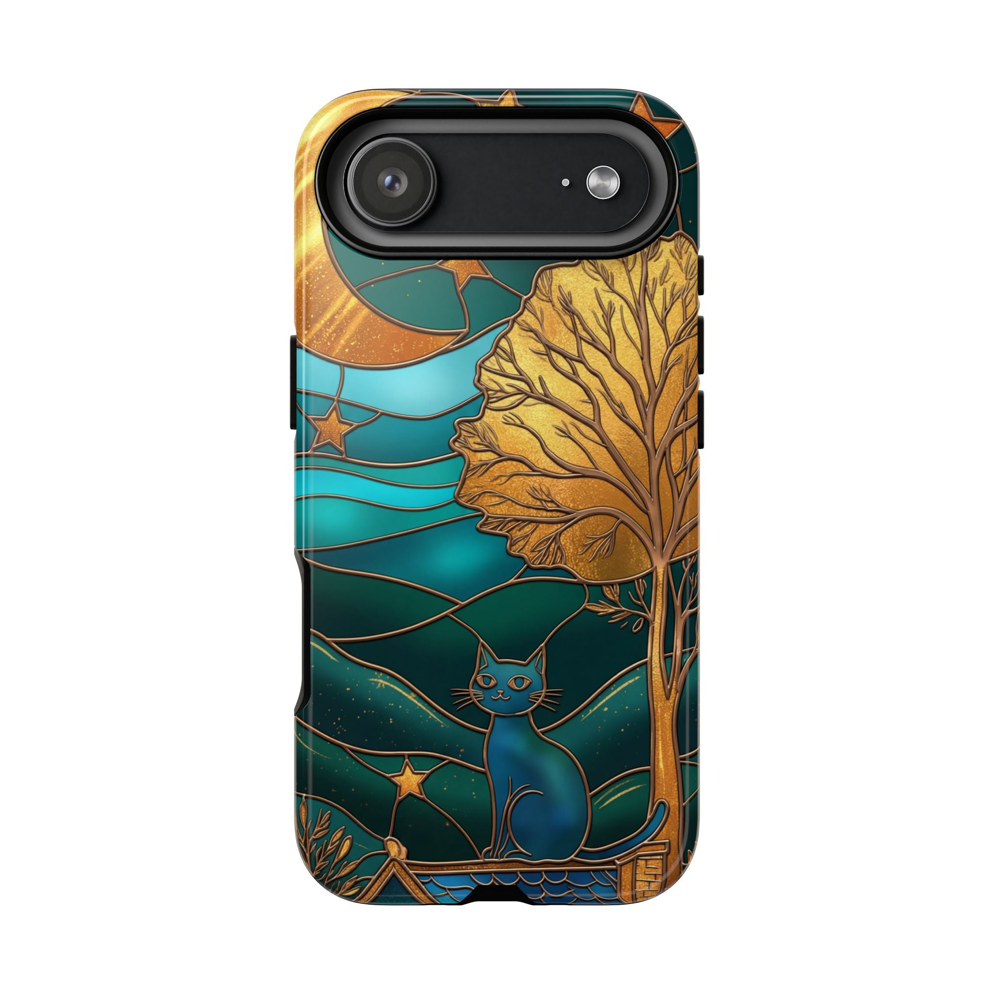 Stained Glass Cat Tough iPhone Case — Gold Tree & Starry Night Design