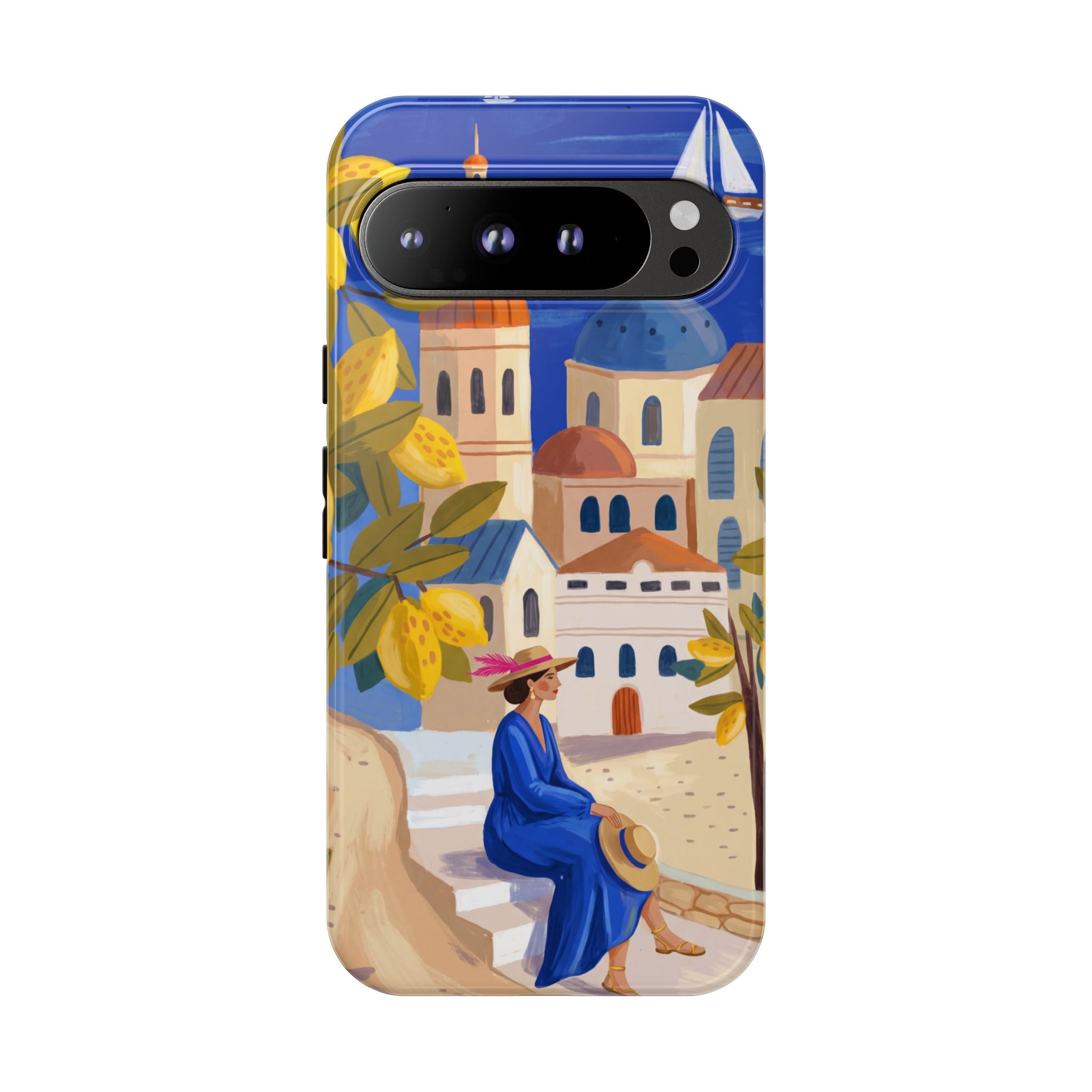 Mediterranean Village Google Pixel Phone Case | Scenic Sailboat & Lemon Grove Design