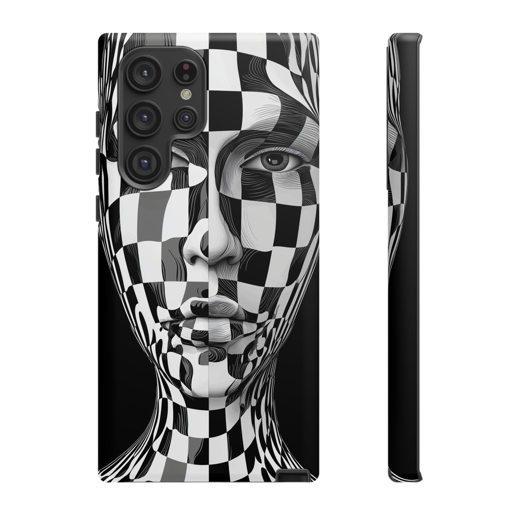 Checkerboard Face Tough Samsung Galaxy Case — Black & White Surreal Art Protective Cover