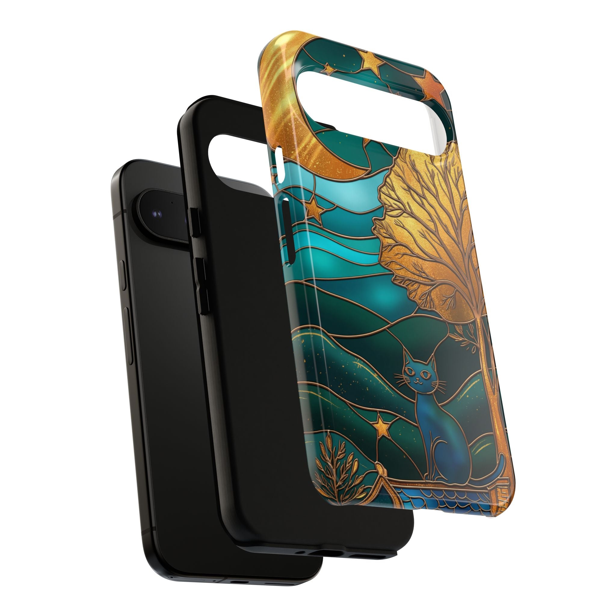 Stained Glass Night Cat Google Pixel Case | Teal & Gold Art Deco Protection