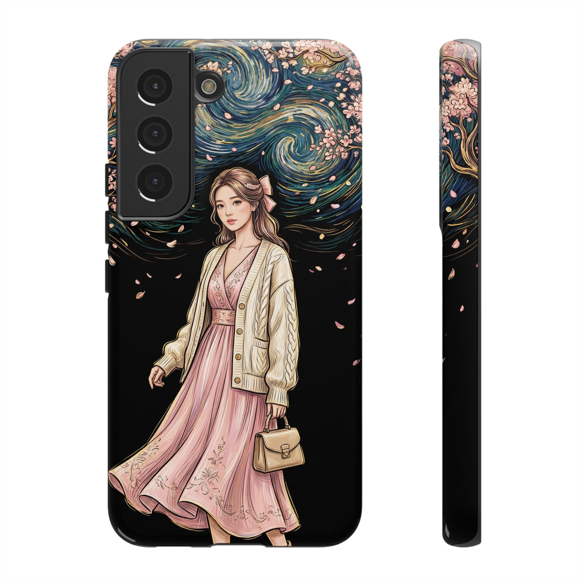 Floral Starry Night Samsung Galaxy Phone Case | Elegant Girl in Pink Dress