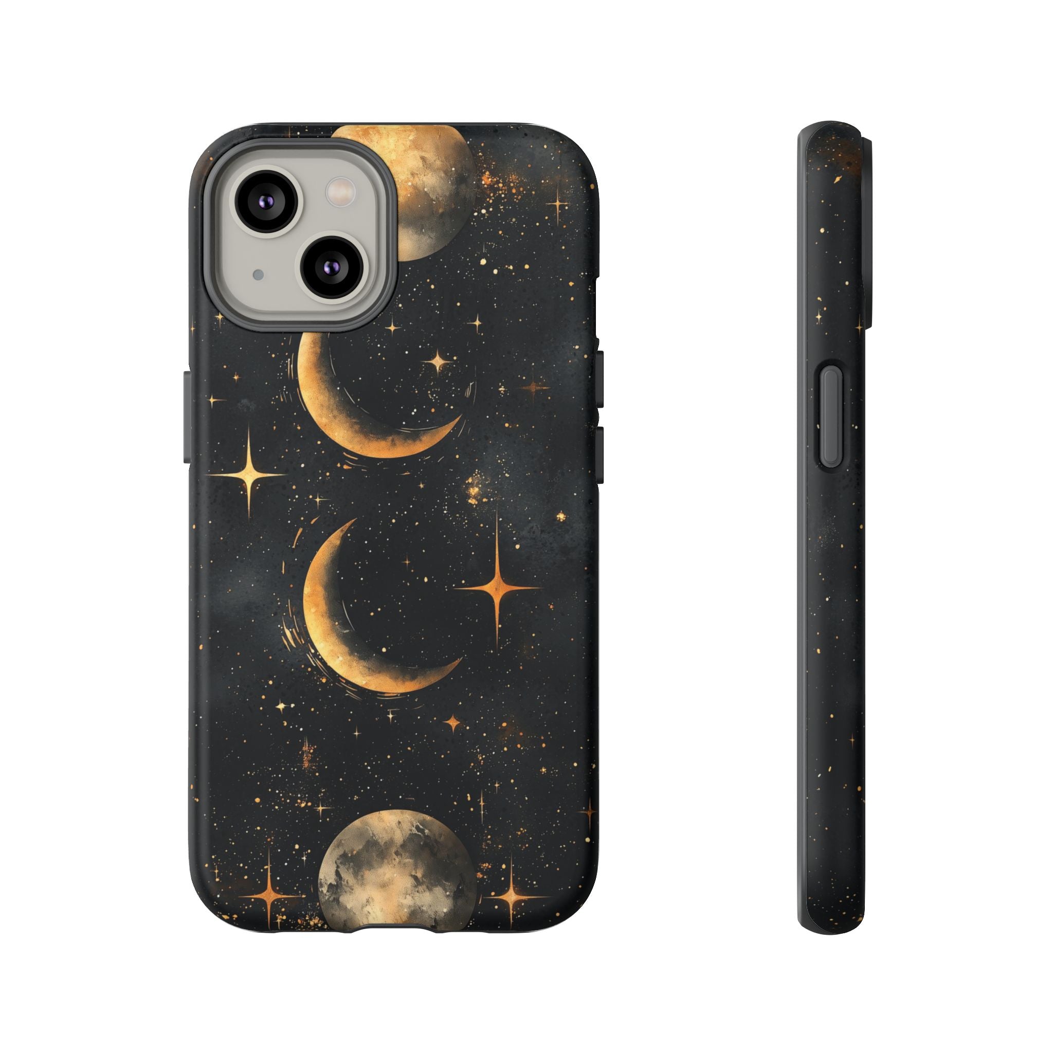 Celestial Moon Phases Tough iPhone Case | Gold Crescent & Full Moon Galaxy Design