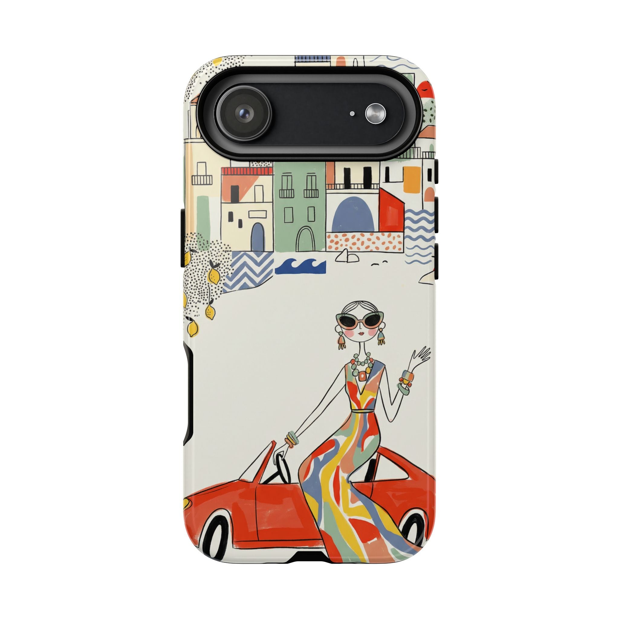 Stylish Riviera iPhone Case | Chic Retro Woman in Convertible Design